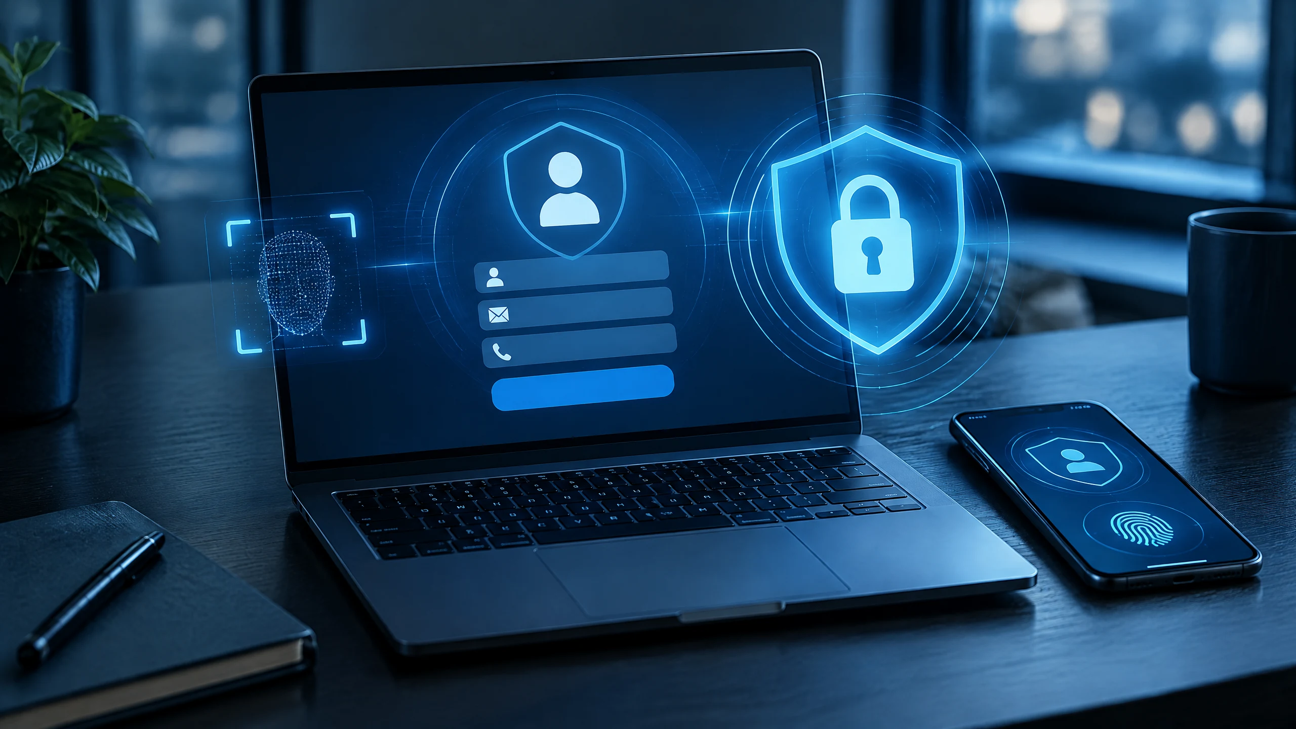 Person securing a compromised online account on a laptop beside a mobile phone