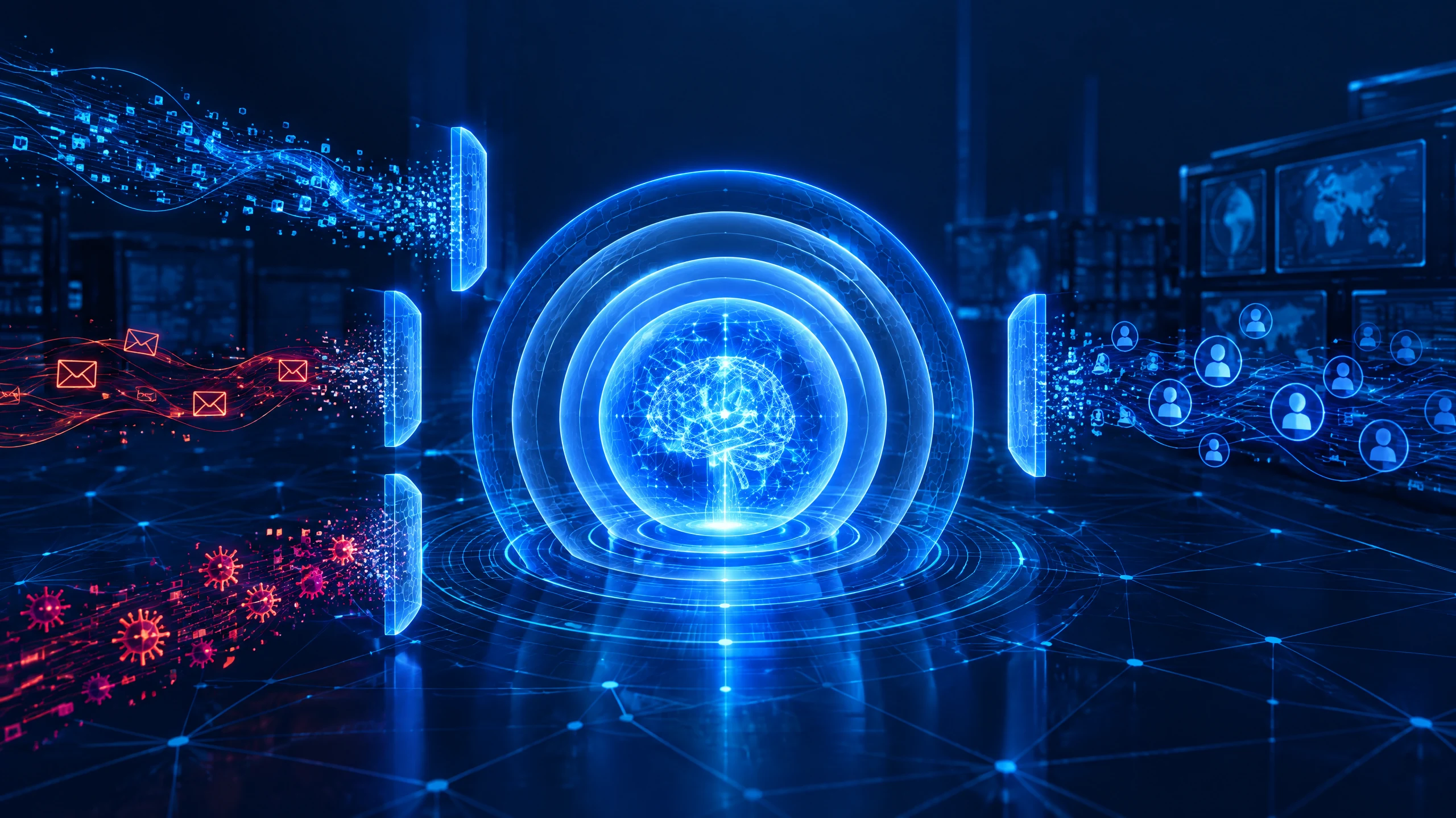Abstract defensive cybersecurity scene showing a protected AI network facing controlled streams of suspicious activity, with no text or logos.