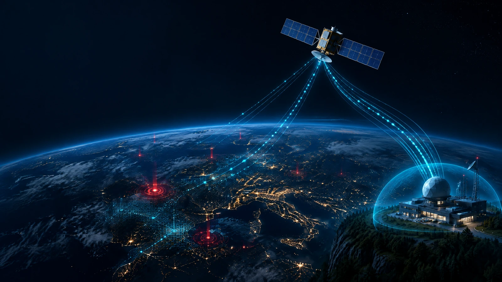 Satellite above Earth with cyan telemetry streams connected to a secure ground operations center
