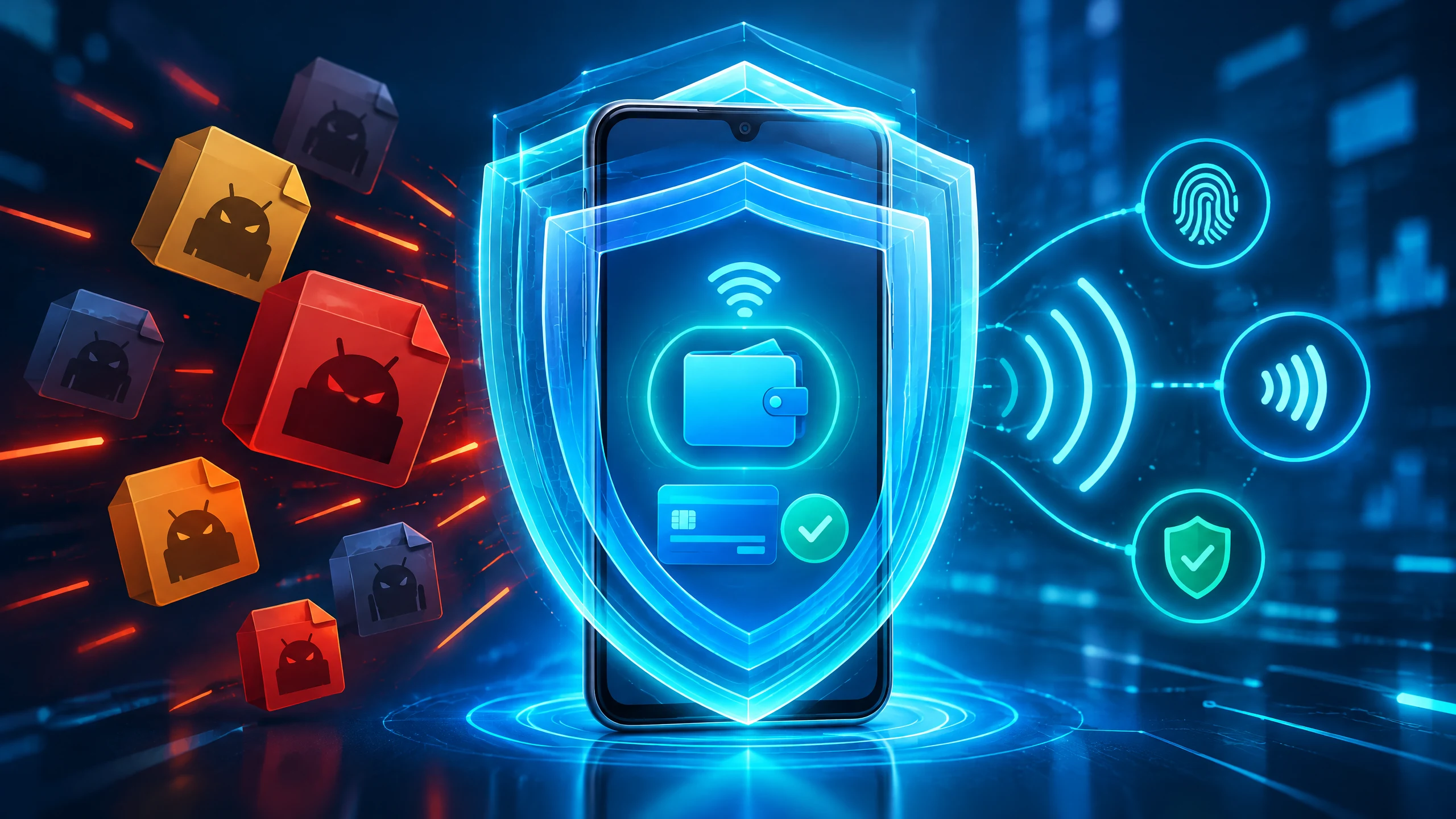 Text-free editorial illustration of an Android phone displaying a warning shield beside a suspicious APK file, with a clean blue and charcoal cybersecurity palette.
