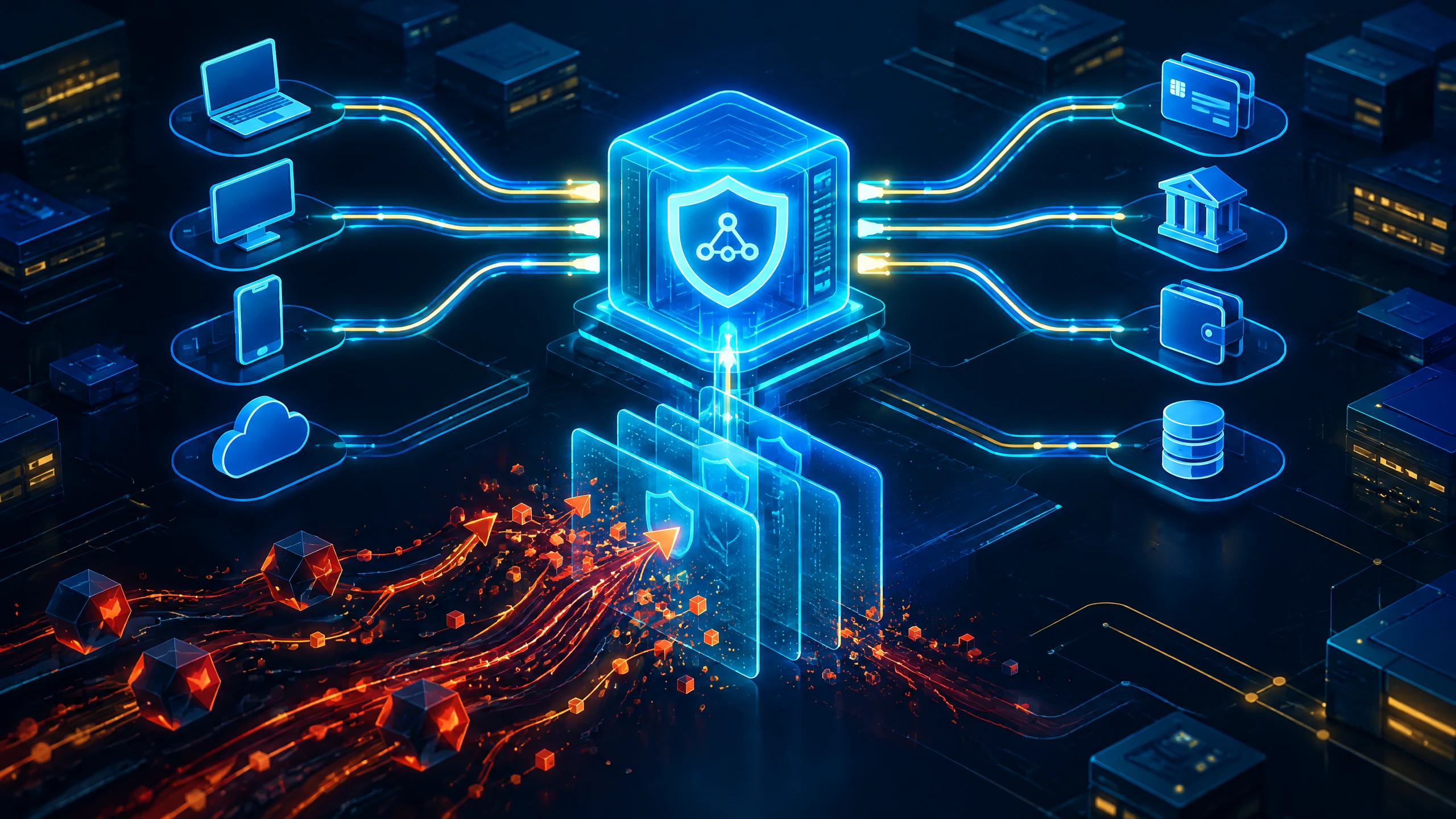 Text-free illustration of connected API gateways, protected payment flows, and layered security controls