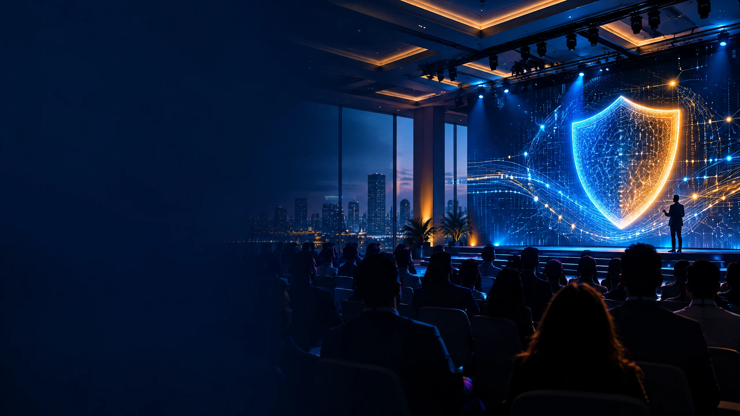 A blue and amber cybersecurity conference scene representing defensive learning in Bengaluru