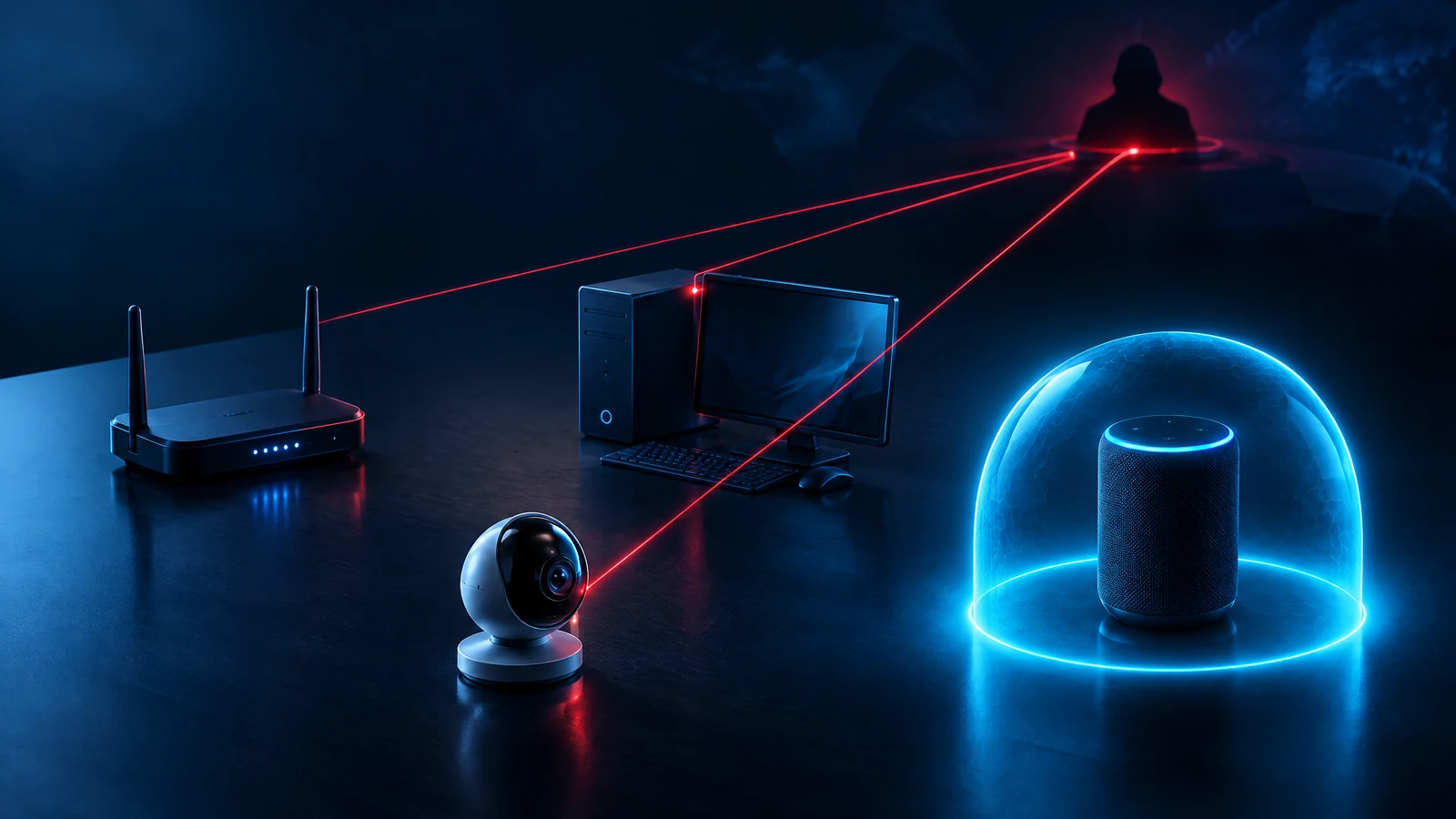 Conceptual network of home devices with three red paths of remote control while a separate smart speaker sits inside a blue defensive boundary
