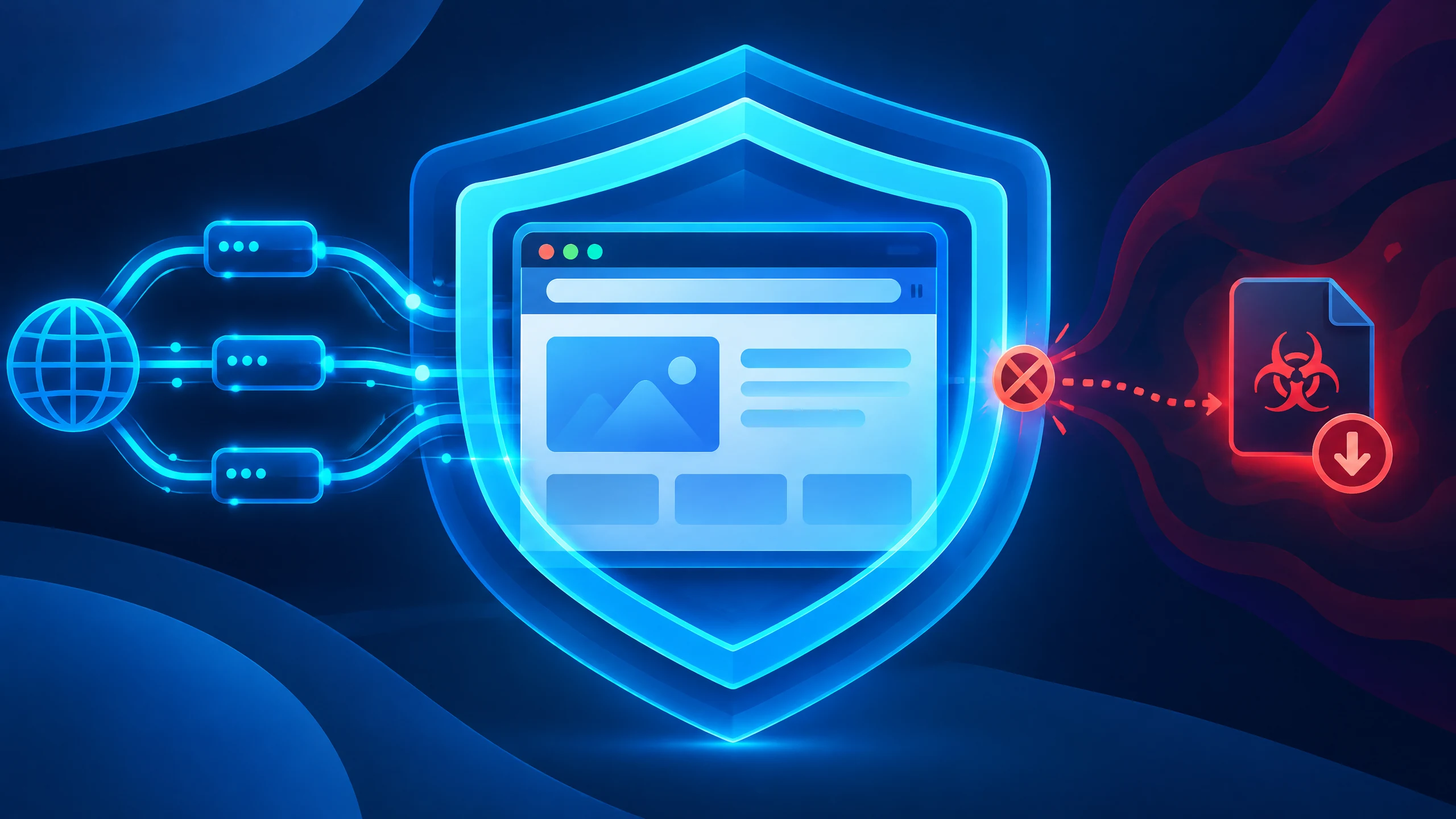 Text-free illustration of a protected web browser window with a shield, update arrows and a clean network pattern.