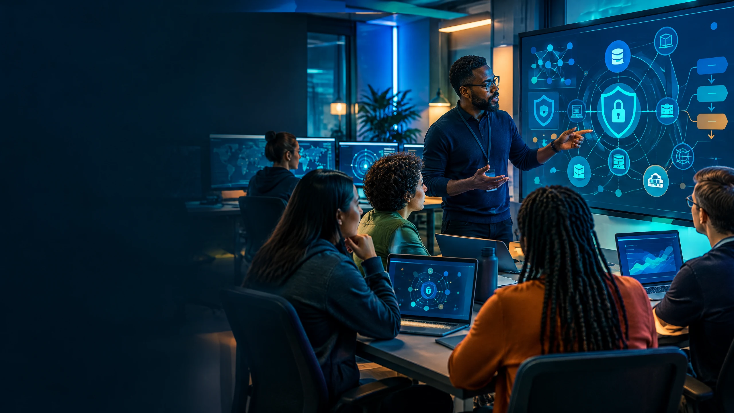 Cybersecurity professionals and learners reviewing a defensive security training workflow