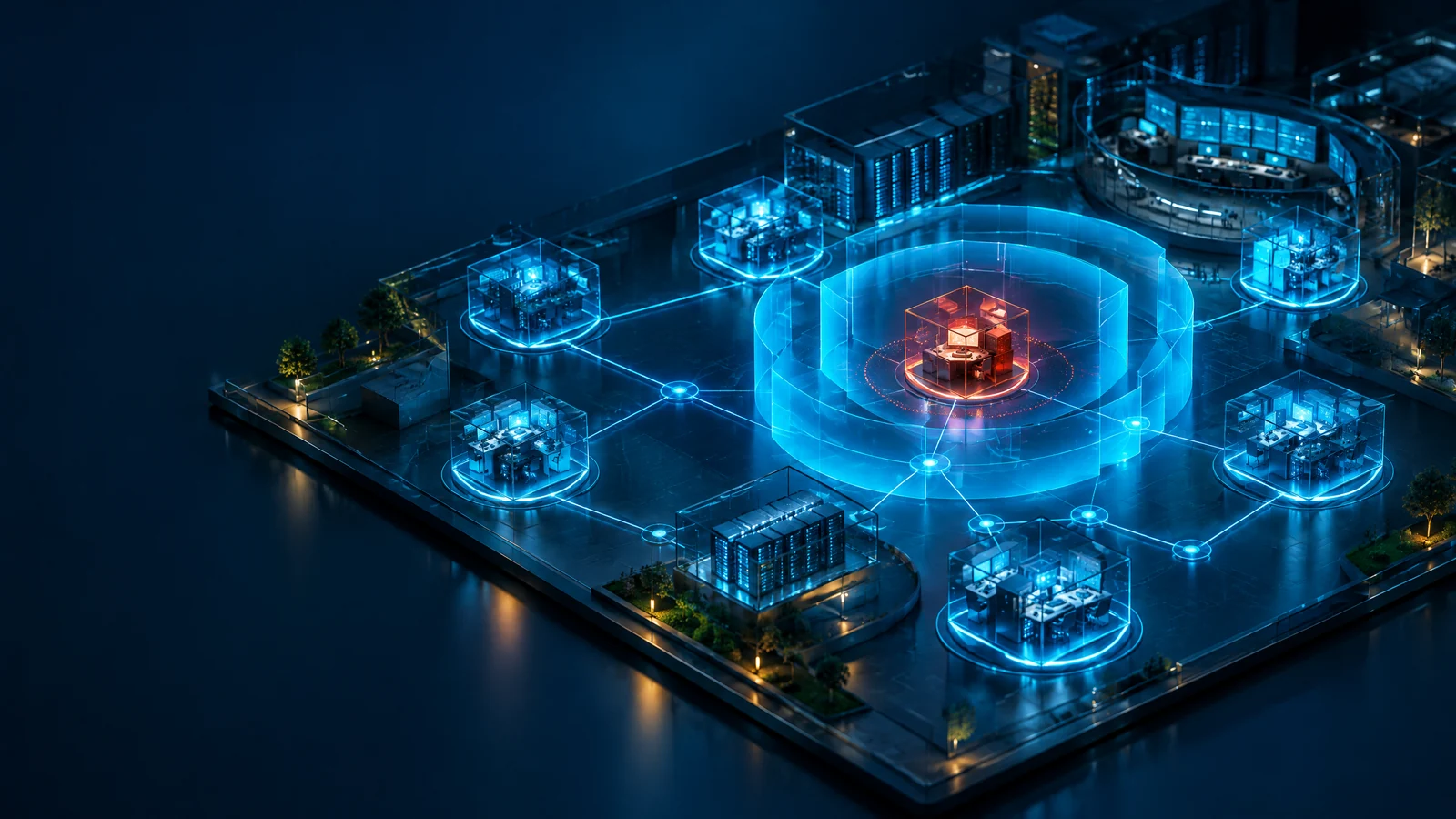 Text-free 3D illustration of a glowing network management node isolated by translucent blue security boundaries