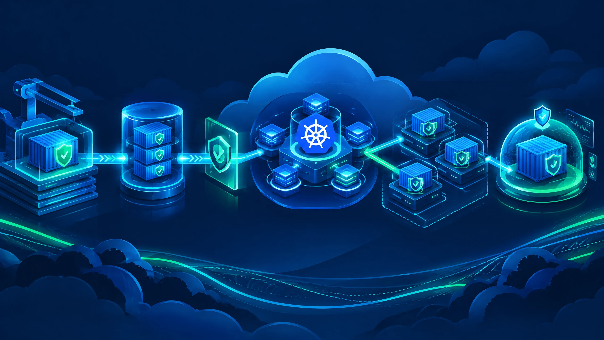 Text-free illustration of secure containers moving through a Kubernetes cloud-native lifecycle from image build to runtime defense