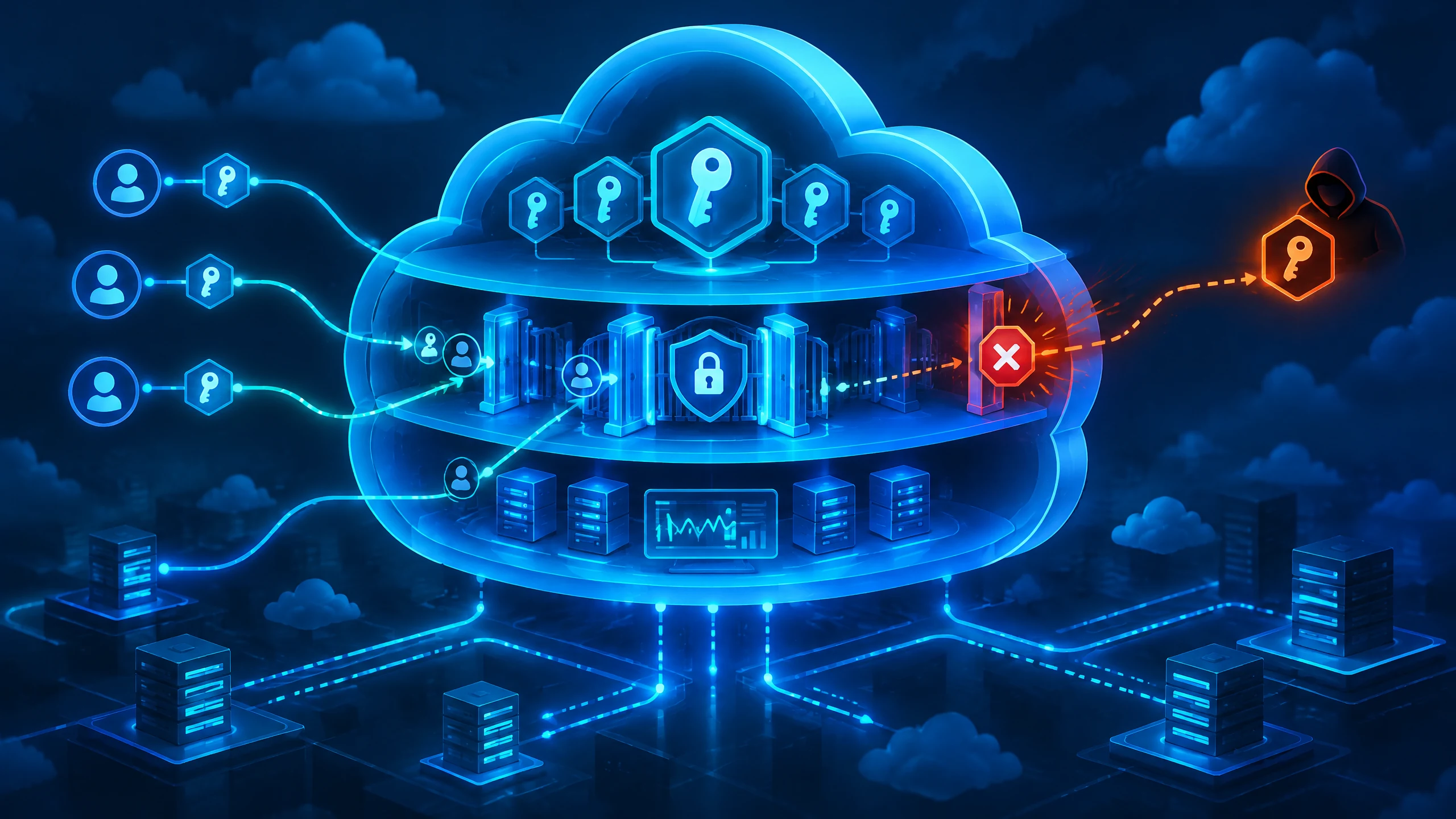 Text-free illustration of a cloud environment with protected identity keys, access paths and configuration controls