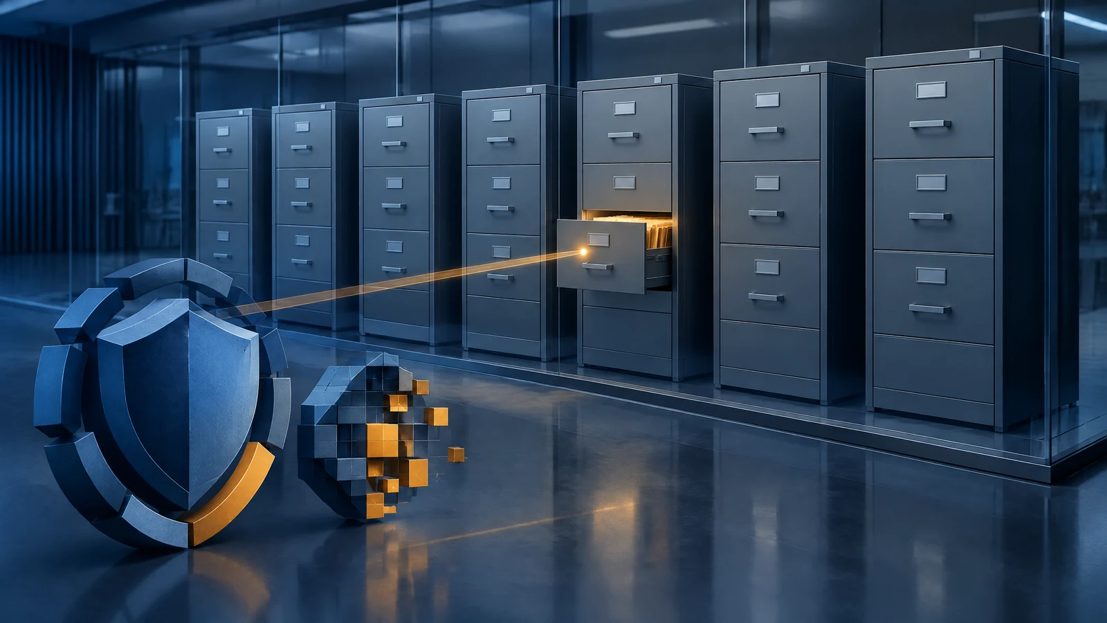 Conceptual file cabinets and security boundary illustrating targeted file-access risk, not evidence of a breach