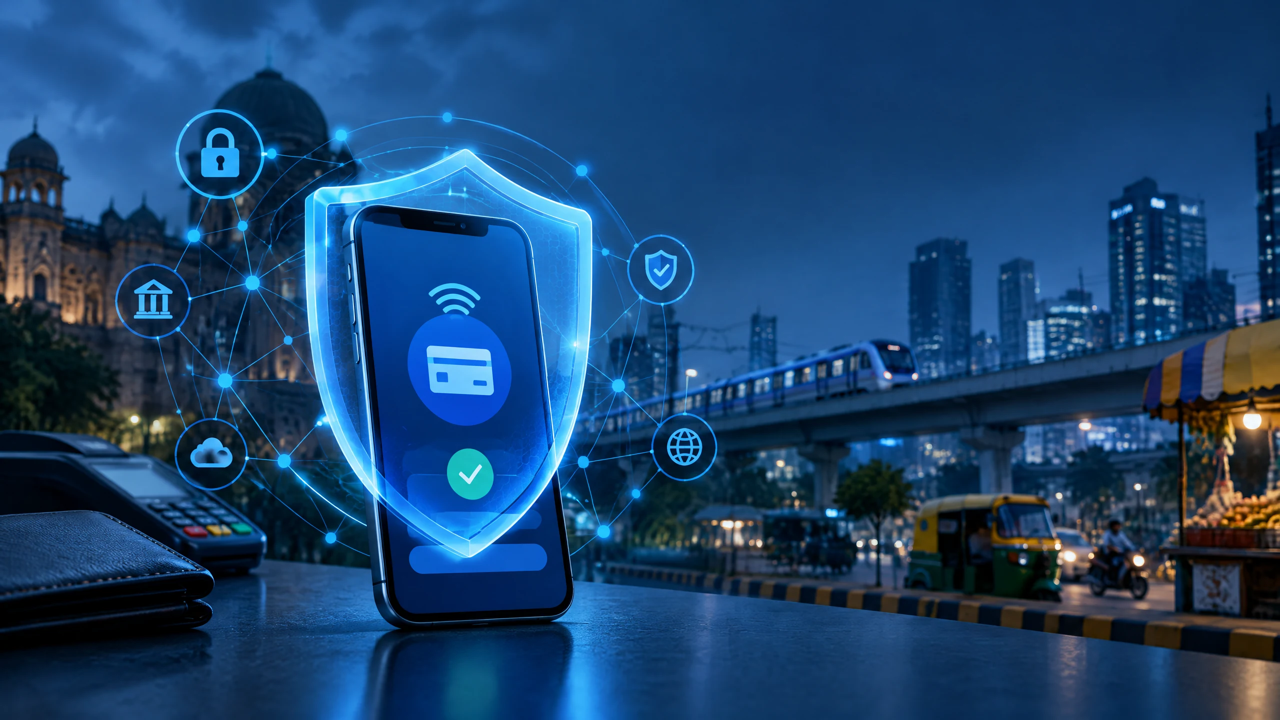 Editorial illustration of a protected mobile payment device in an Indian city at dusk