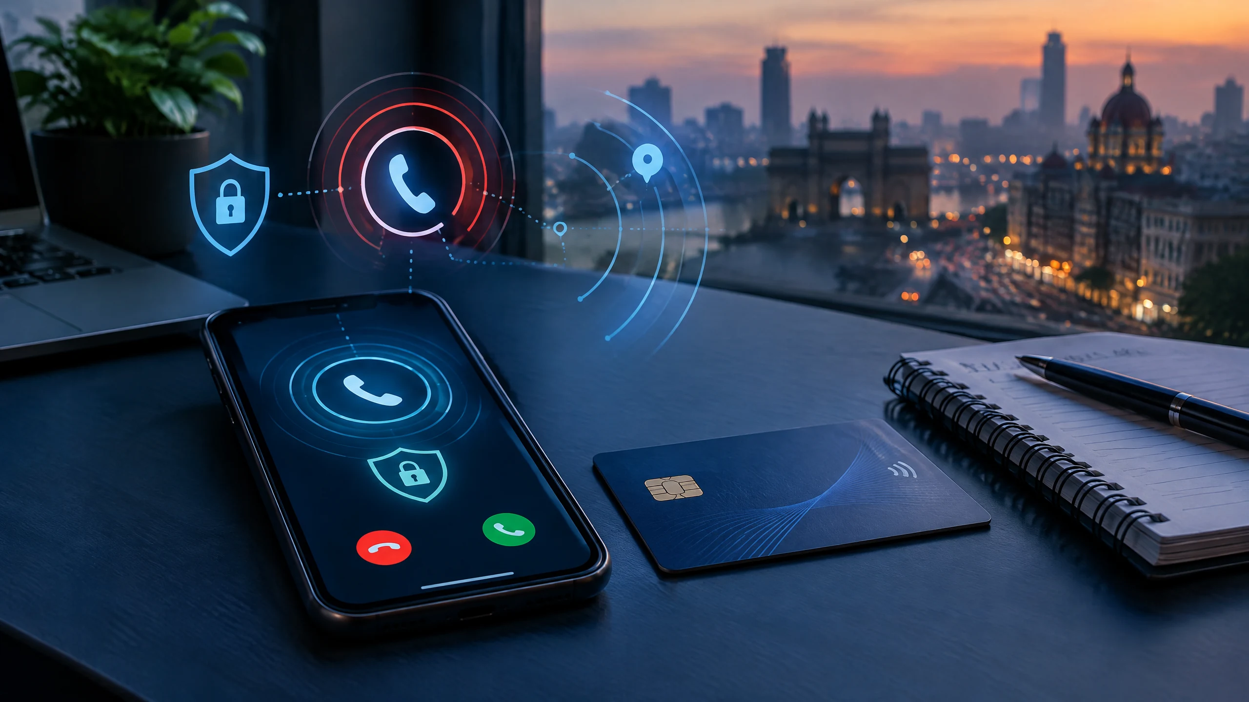 Indian smartphone showing a cyber fraud alert beside a bank card and emergency reporting notes