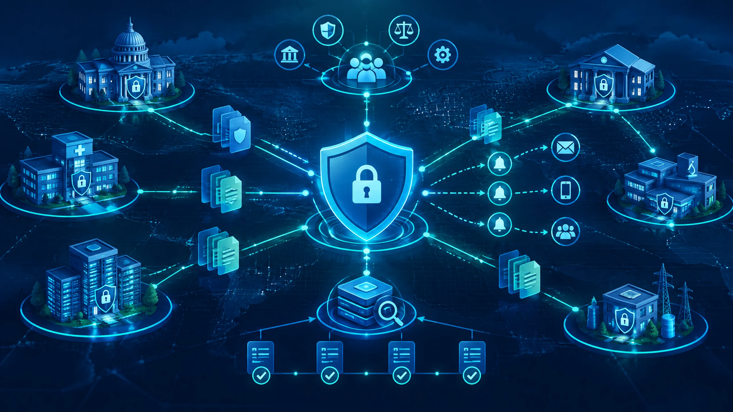Text-free editorial illustration of connected digital infrastructure, a shield, and coordinated incident-response signals