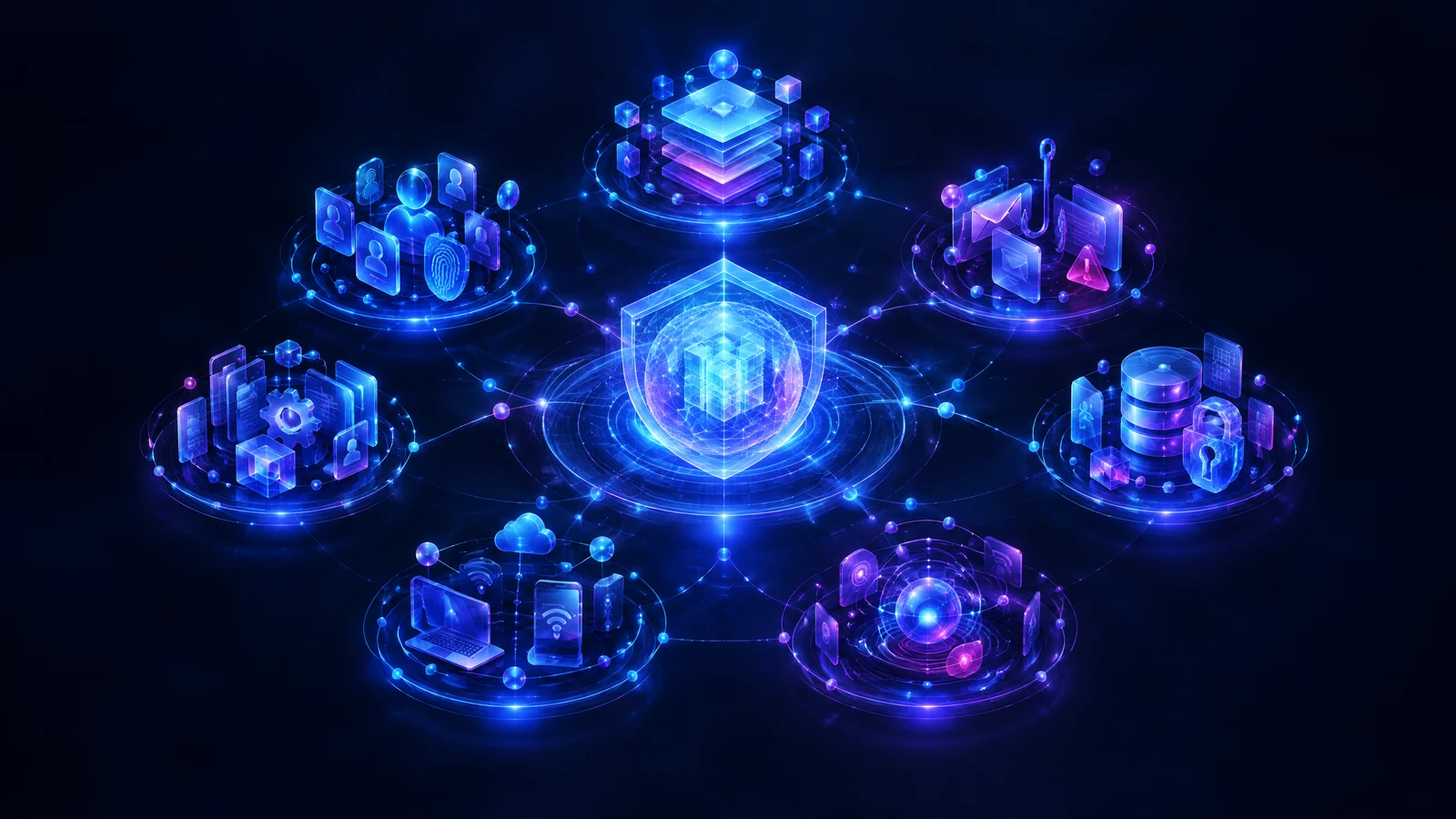 Text-free abstract knowledge index with connected illuminated nodes for identity, scams, data, networks, devices, response, and governance around a protected central reference system