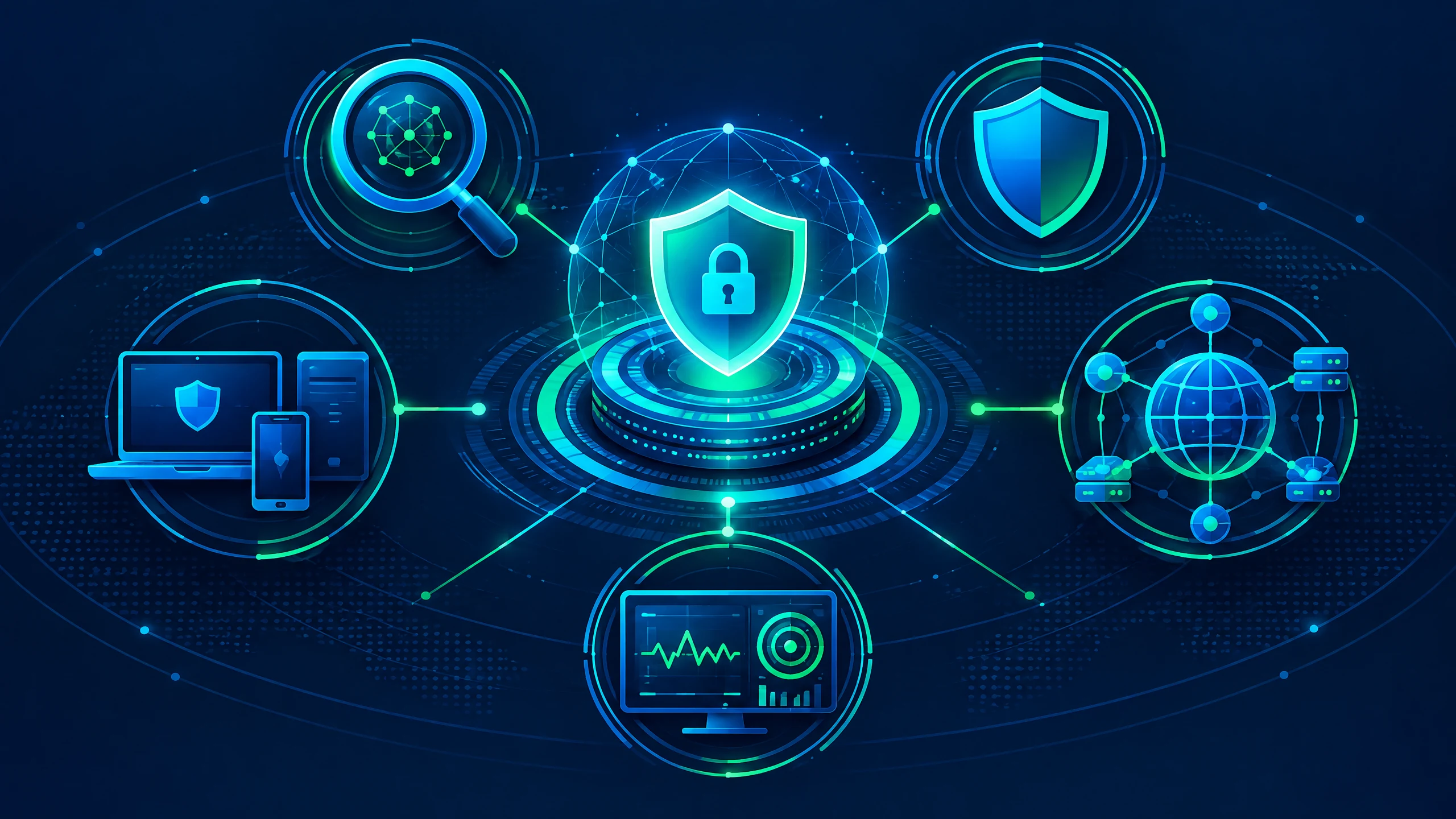 A clean, text-free illustration of layered defensive cybersecurity tools protecting devices, networks, and cloud systems