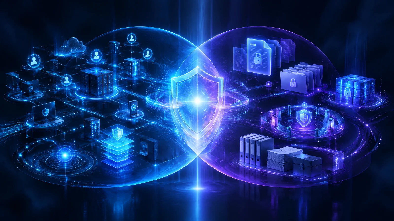 Text-free editorial illustration showing connected digital nodes and identity signals overlapping with sealed folders, printed records, encrypted storage, and governance rings