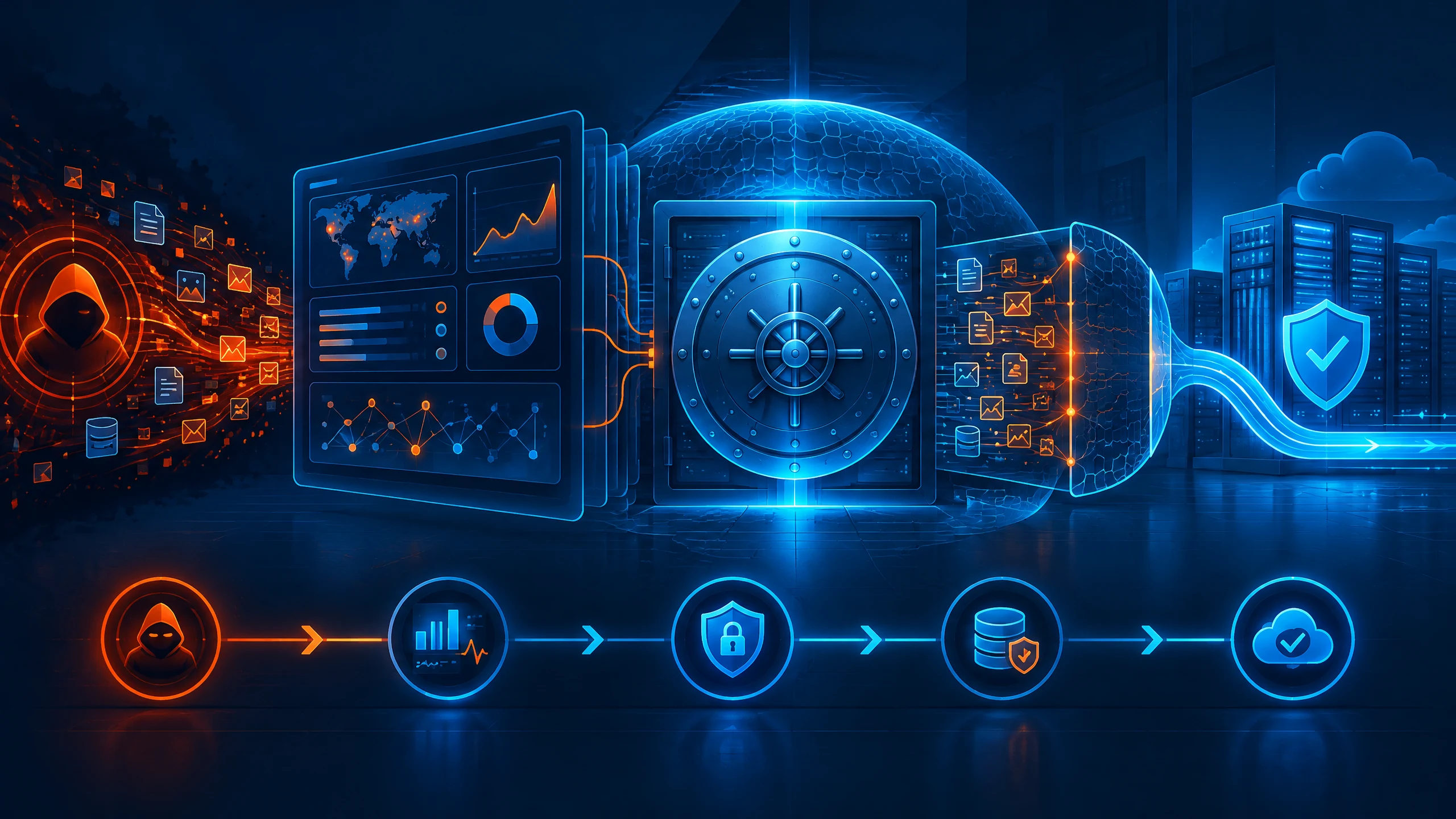 Text-free illustration brief showing a protected data network, an alert pathway, and a calm response team reviewing evidence.