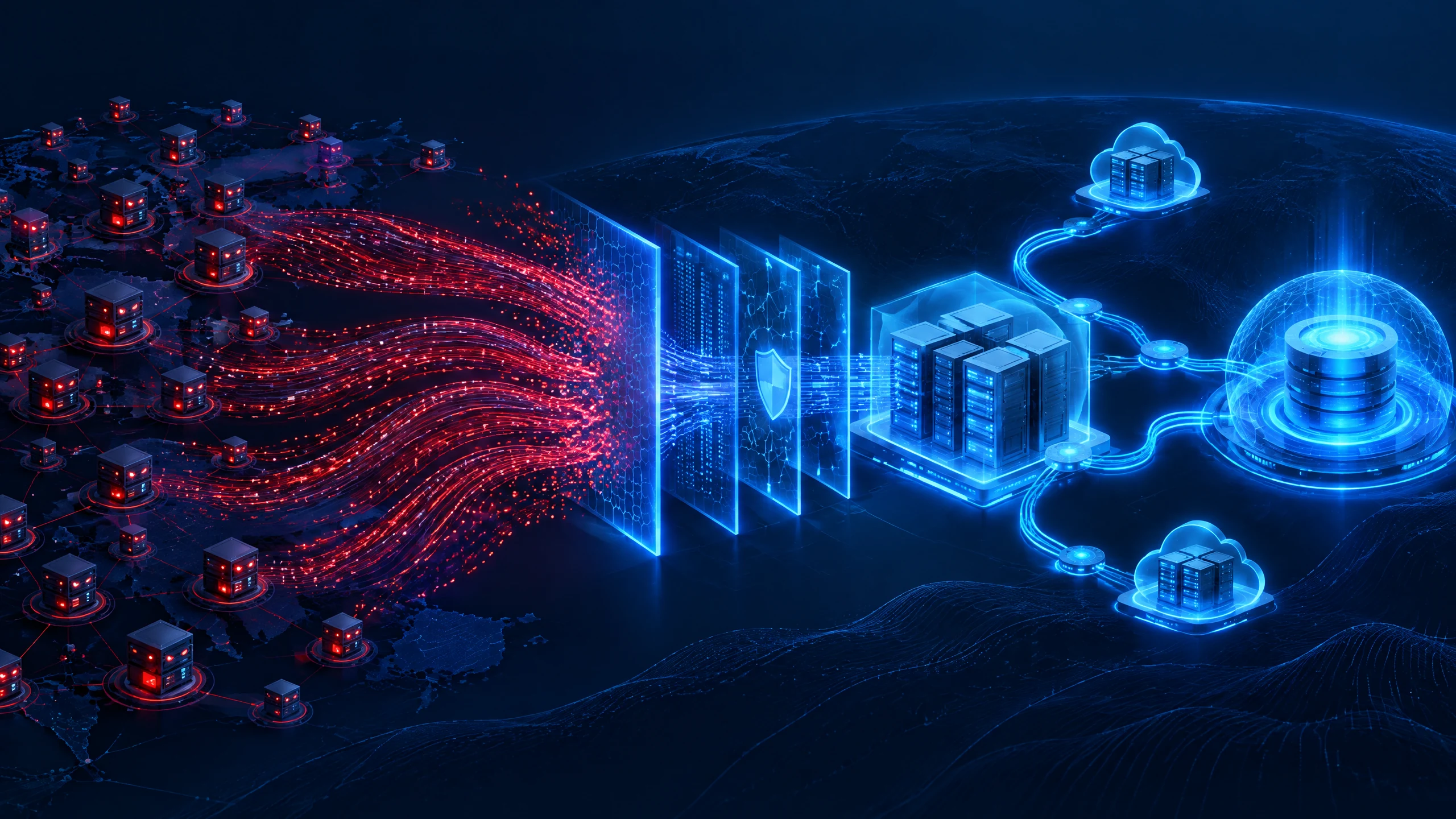Abstract network infrastructure absorbing layered traffic surges across distributed data centers