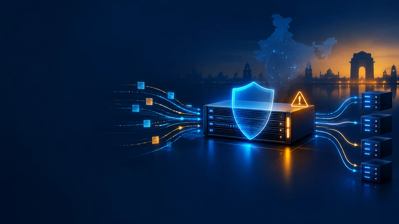 A protected NGINX gateway screening malicious traffic beside a critical vulnerability warning