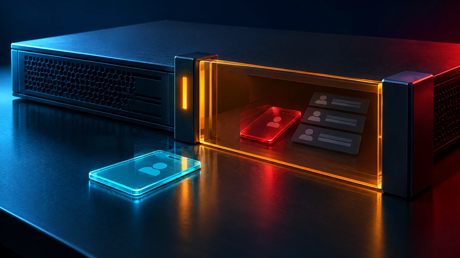 Abstract firewall with legitimate keycard outside and unauthorized account tiles inside an access gate