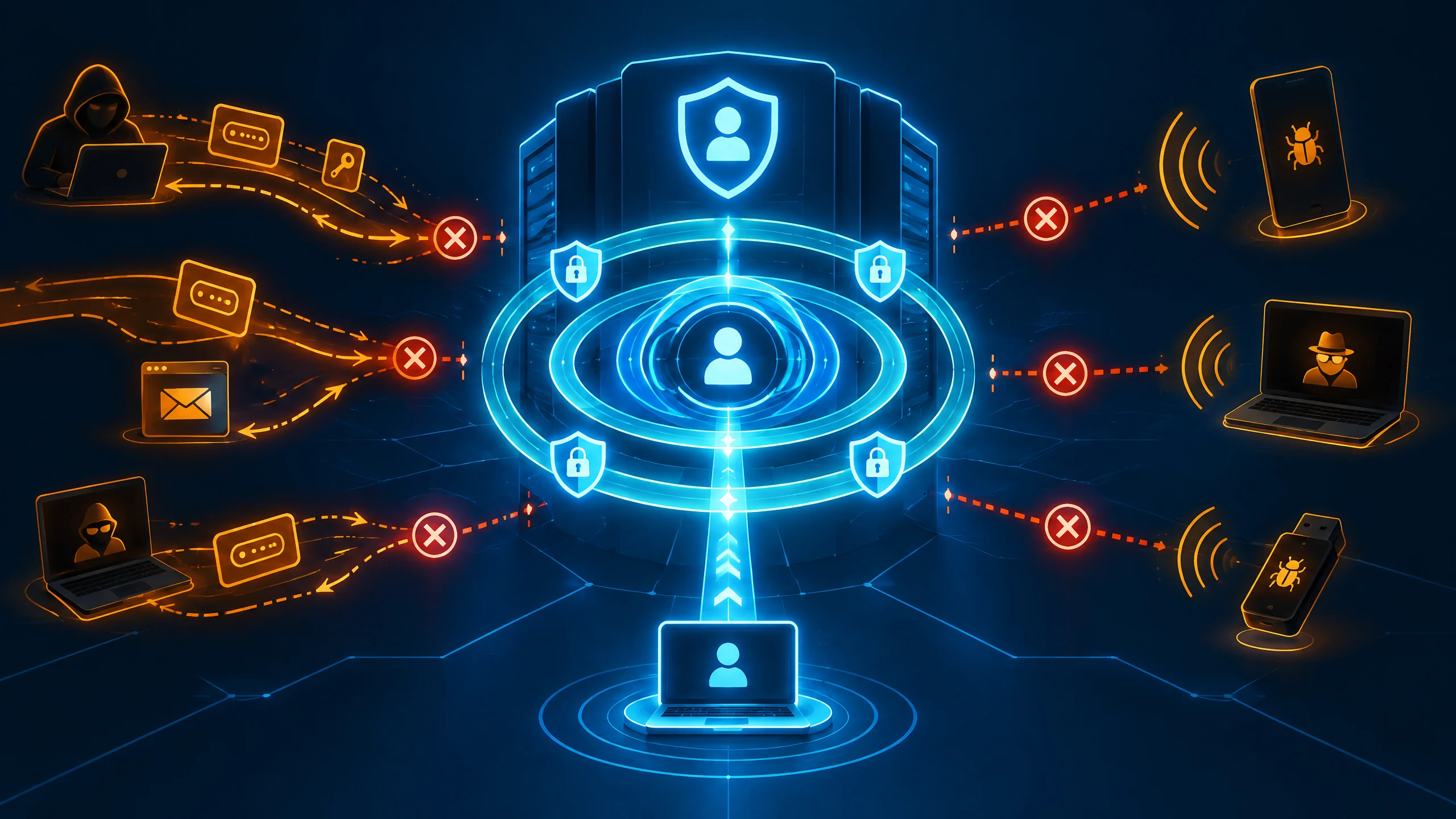 Text-free illustration of a secure digital identity gateway with abstract phishing, authentication and session-protection forms.