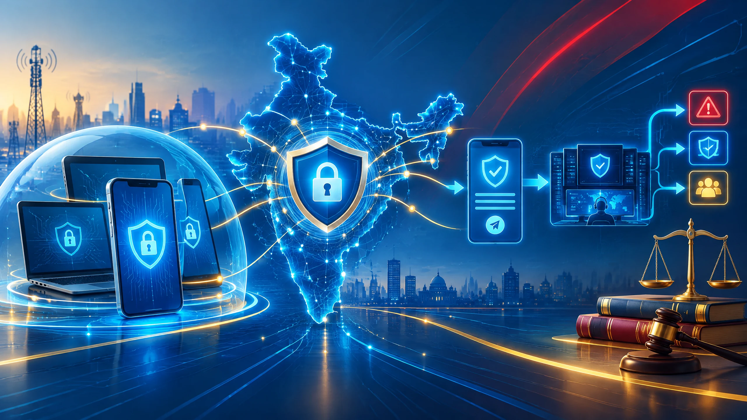 Text-free editorial illustration of a secure Indian digital network with a shield, connected devices, and a recovery pathway