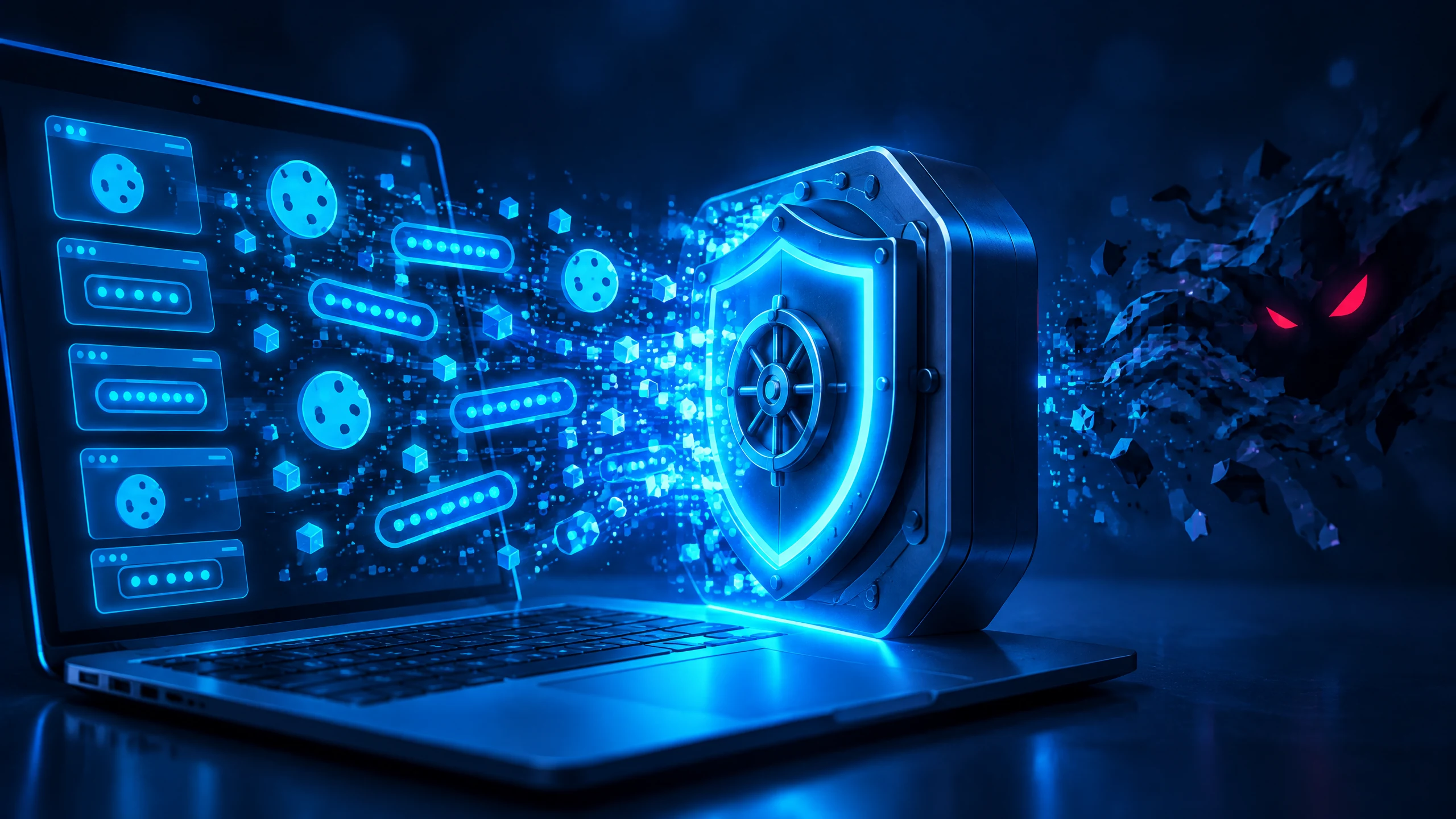 Text-free illustration of a web browser shield protecting password, cookie and session-token symbols from a shadowy data-stealing pathway