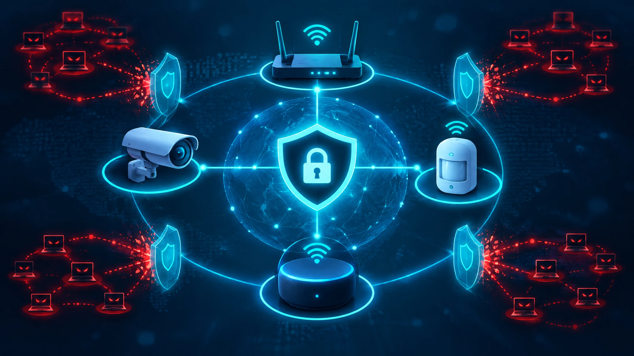Text-free illustration of connected home and business devices protected by network segmentation and a digital shield.