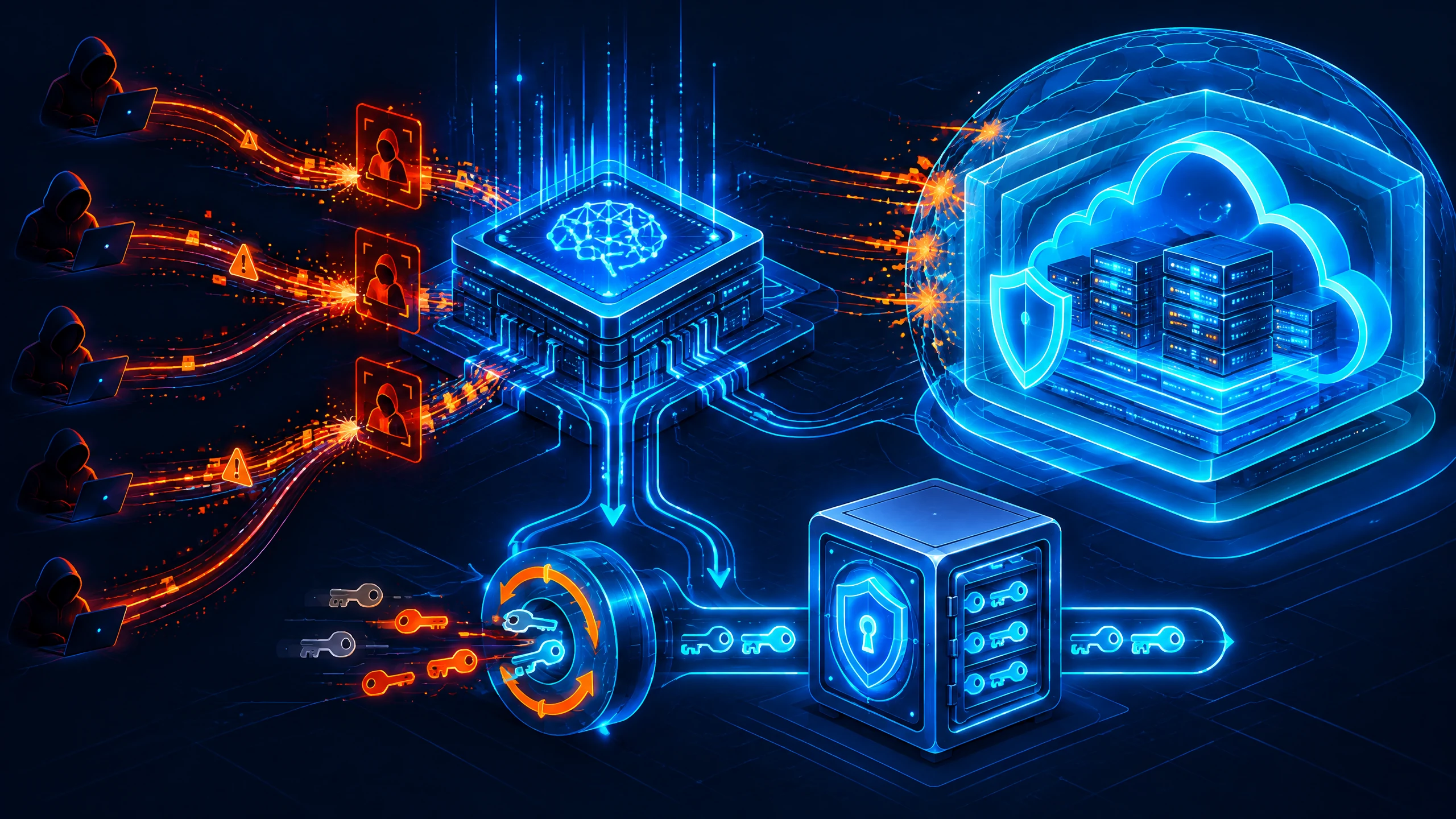 Text-free illustration of a secure cloud gateway isolating a broken credential pathway from abstract AI compute nodes.