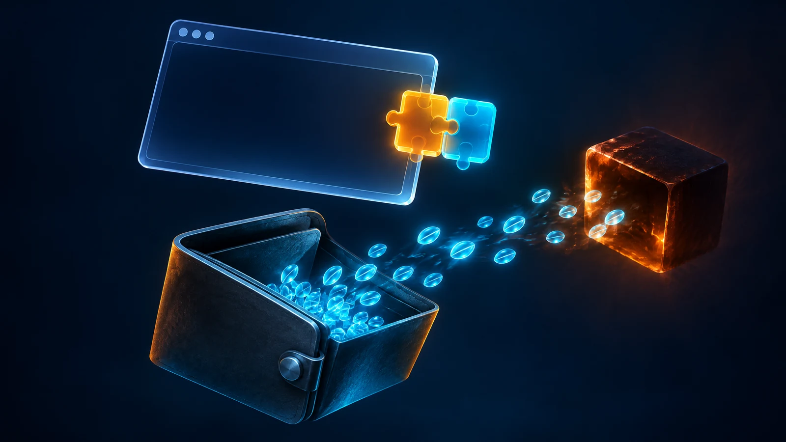 Blank browser pane with add-on puzzle blocks and abstract wallet secrets escaping toward a shadowed block