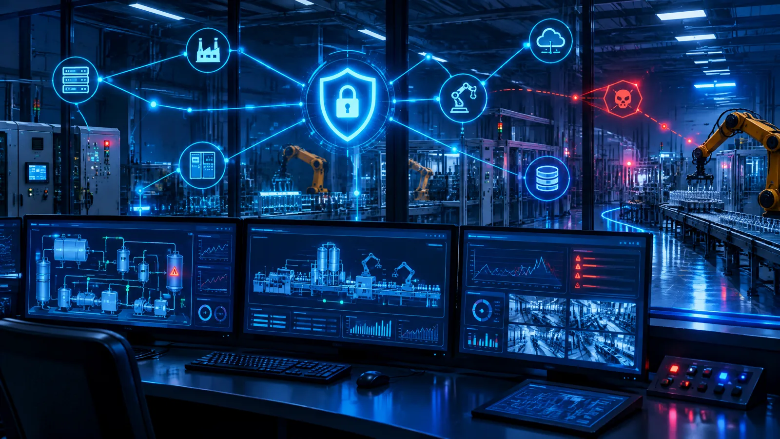 Industrial control room illustration with a shield protecting factory automation systems