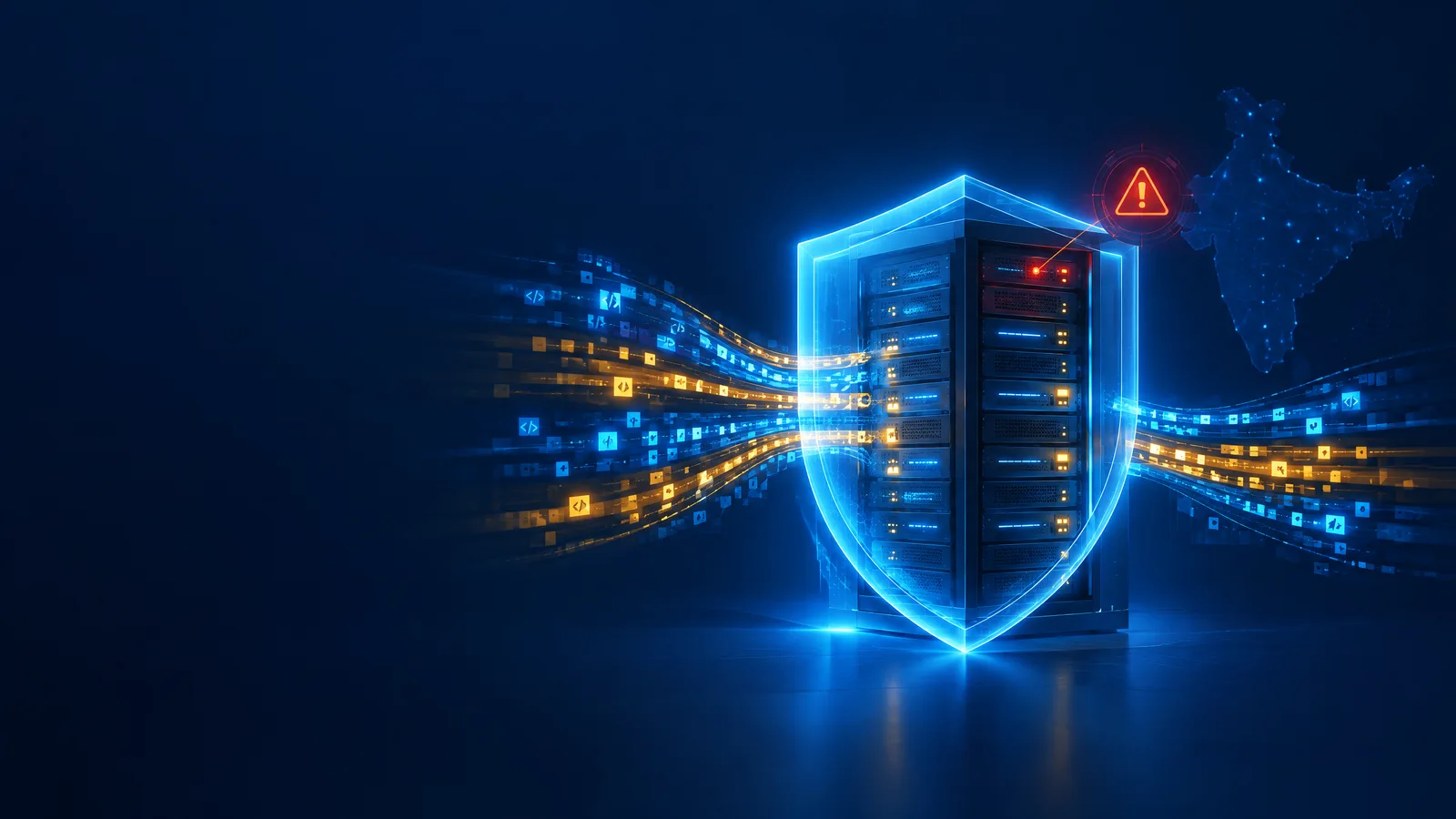 A protected Java runtime represented by glowing code behind a cybersecurity shield