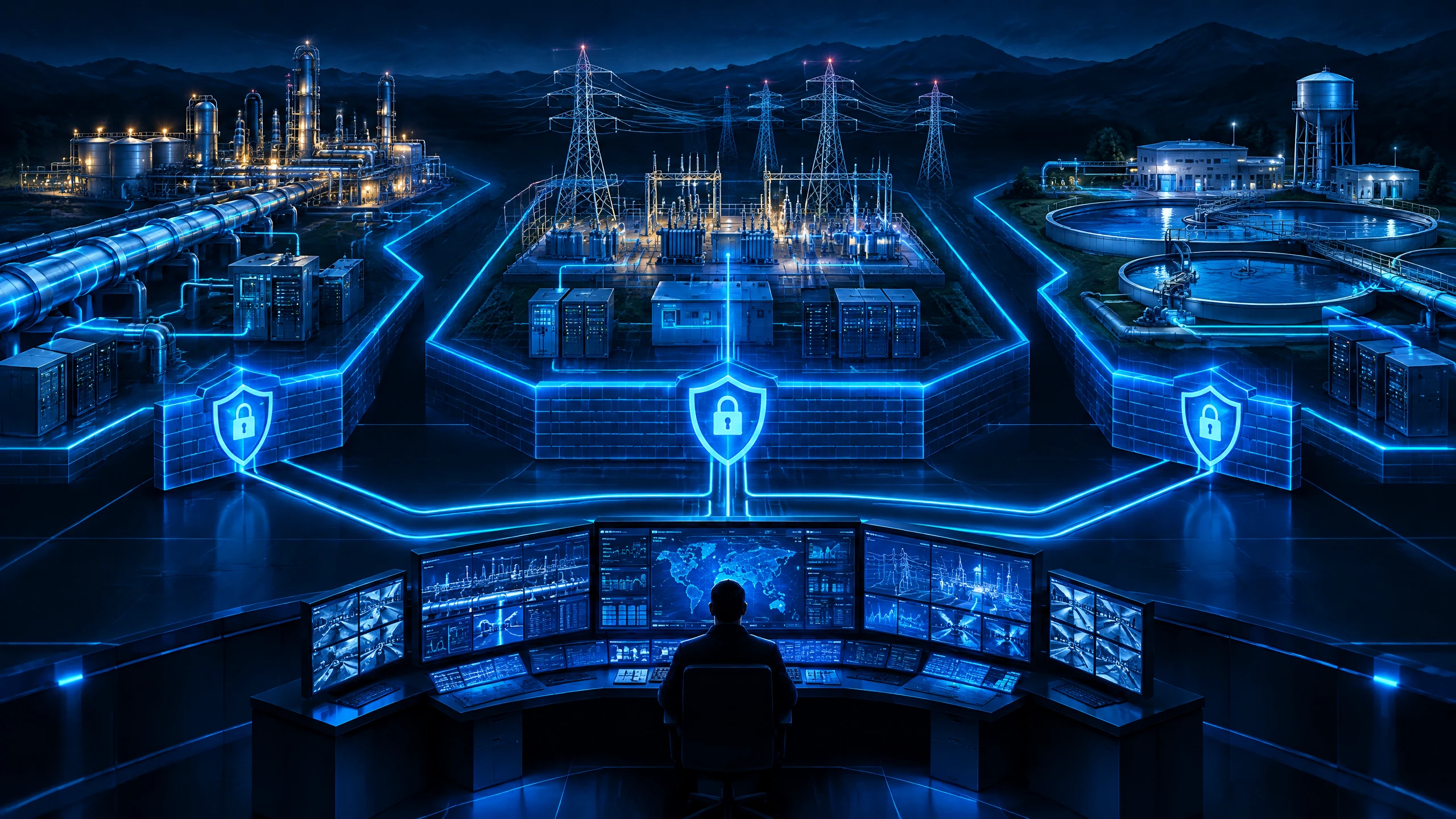Text-free illustration of a protected industrial control room connected to water, energy and transport infrastructure through segmented networks.