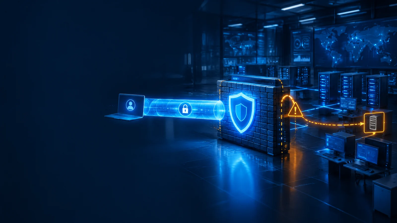 A protected enterprise VPN gateway with a shield and warning signal representing a GlobalProtect authentication bypass risk