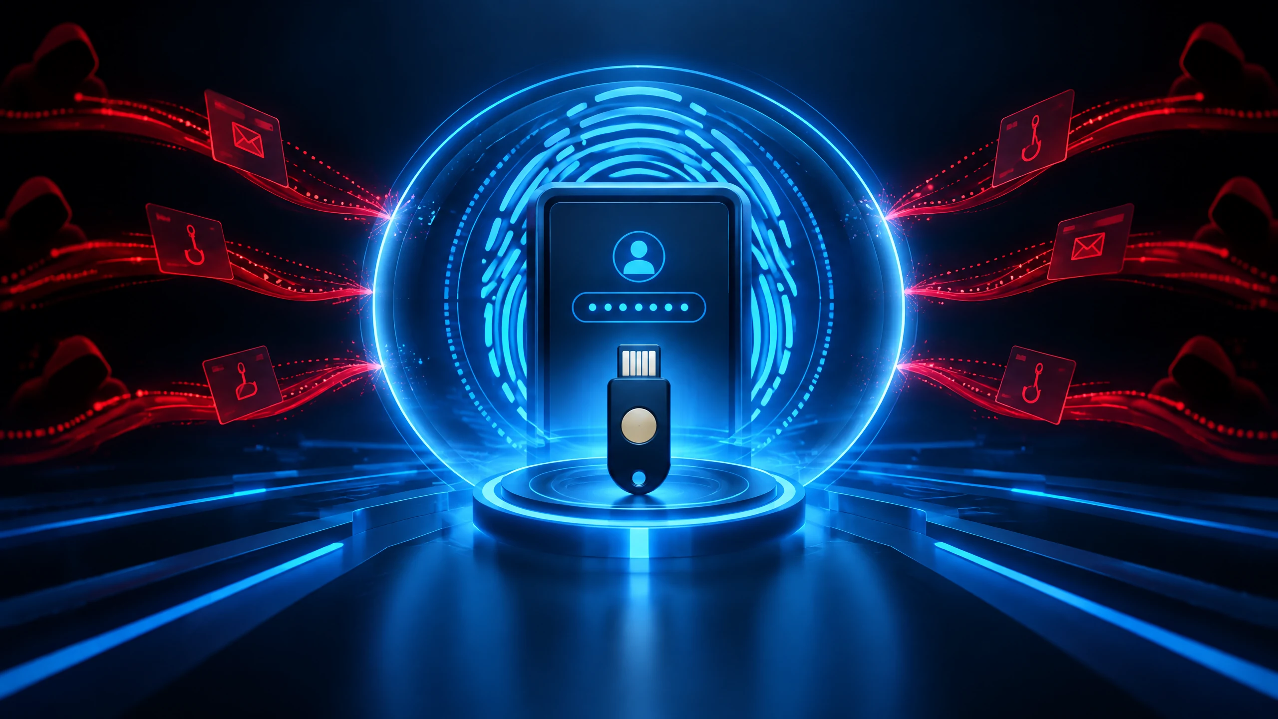 Text-free illustration of a secure passkey device connecting to a protected account through a shielded authentication pathway