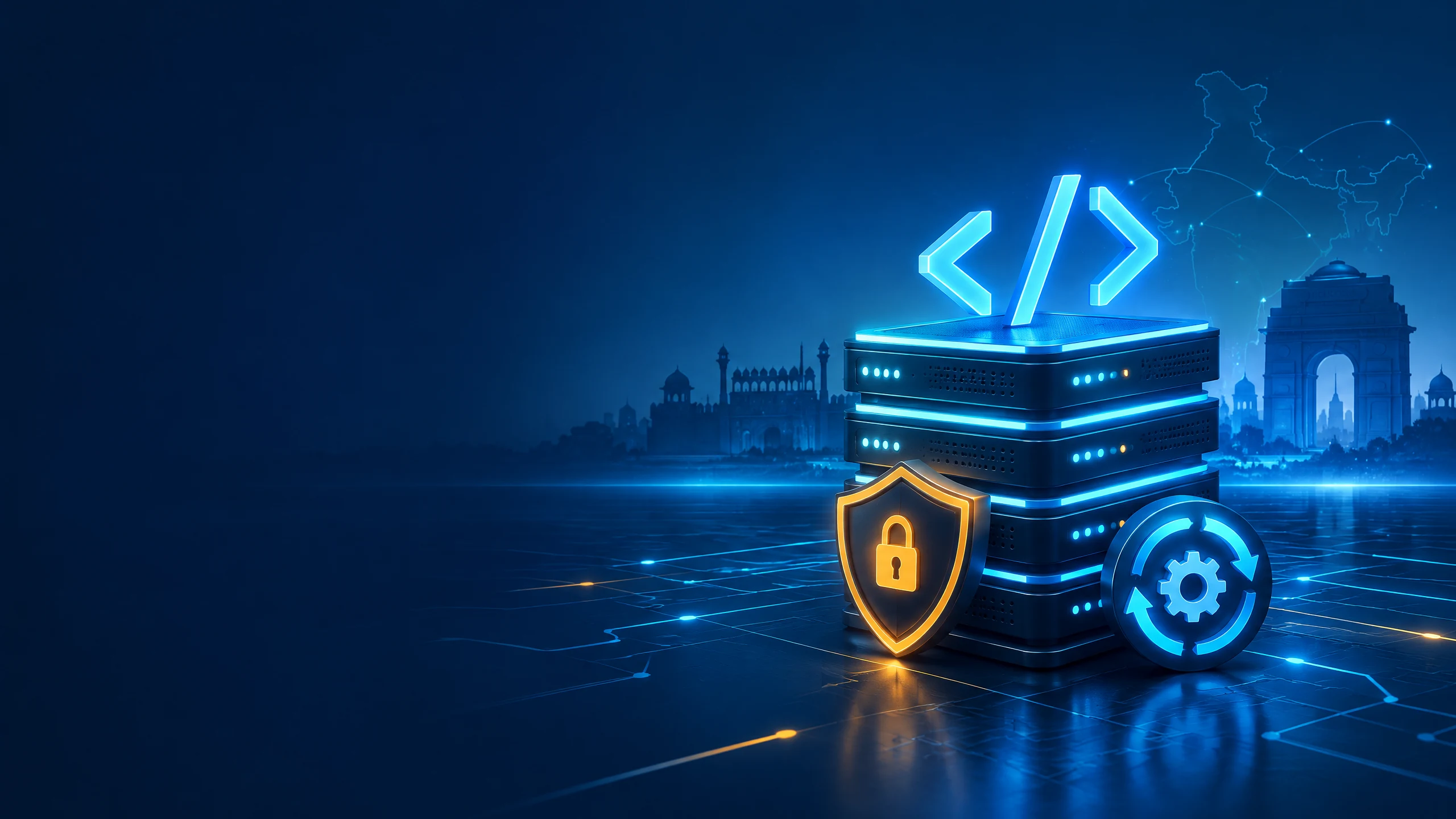 A protected web server stack with a patch warning shield representing critical PHP security updates