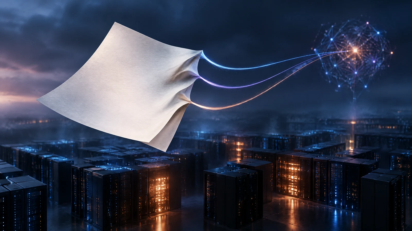 Blank poem page connecting to server nodes, illustrating a changing malware command-and-control lookup