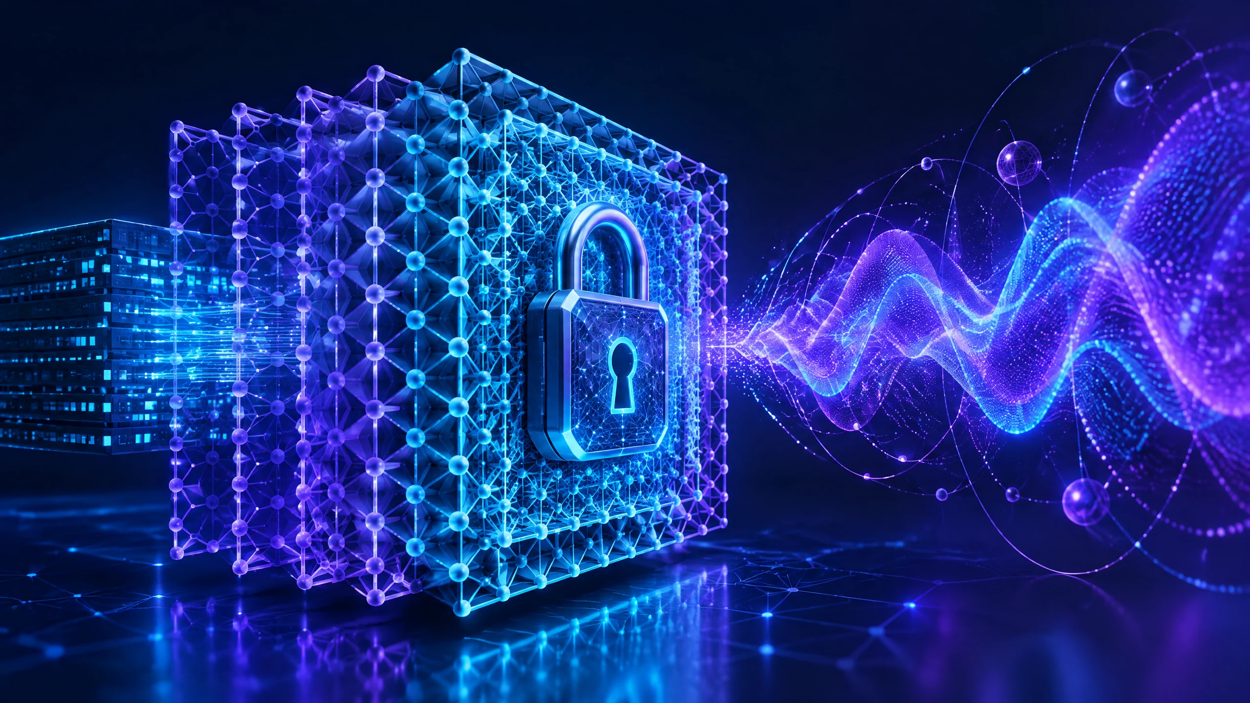 Abstract text-free illustration of a protected digital network transitioning from classical cryptography to quantum-resistant security.