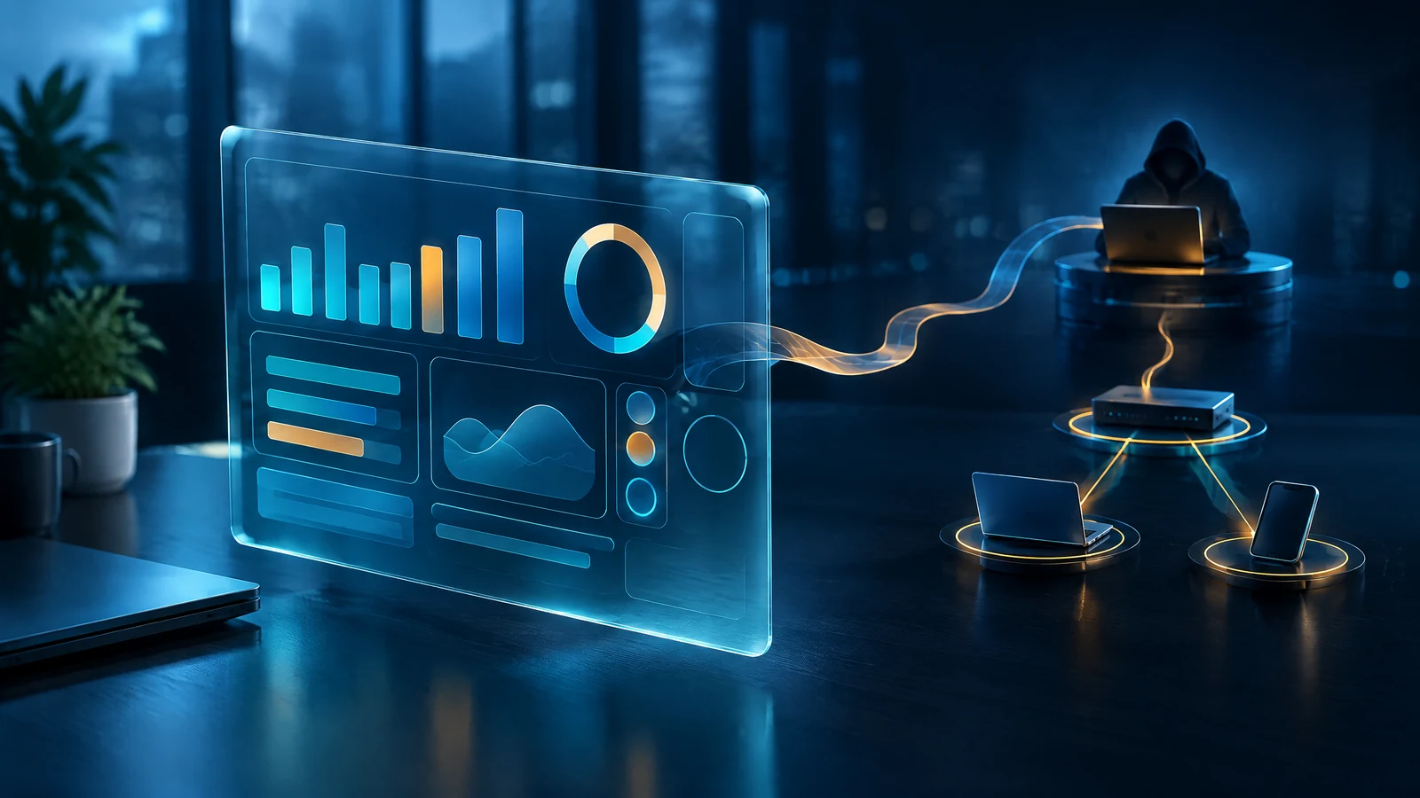 Conceptual analytics page connected to unauthorized remote-management endpoints