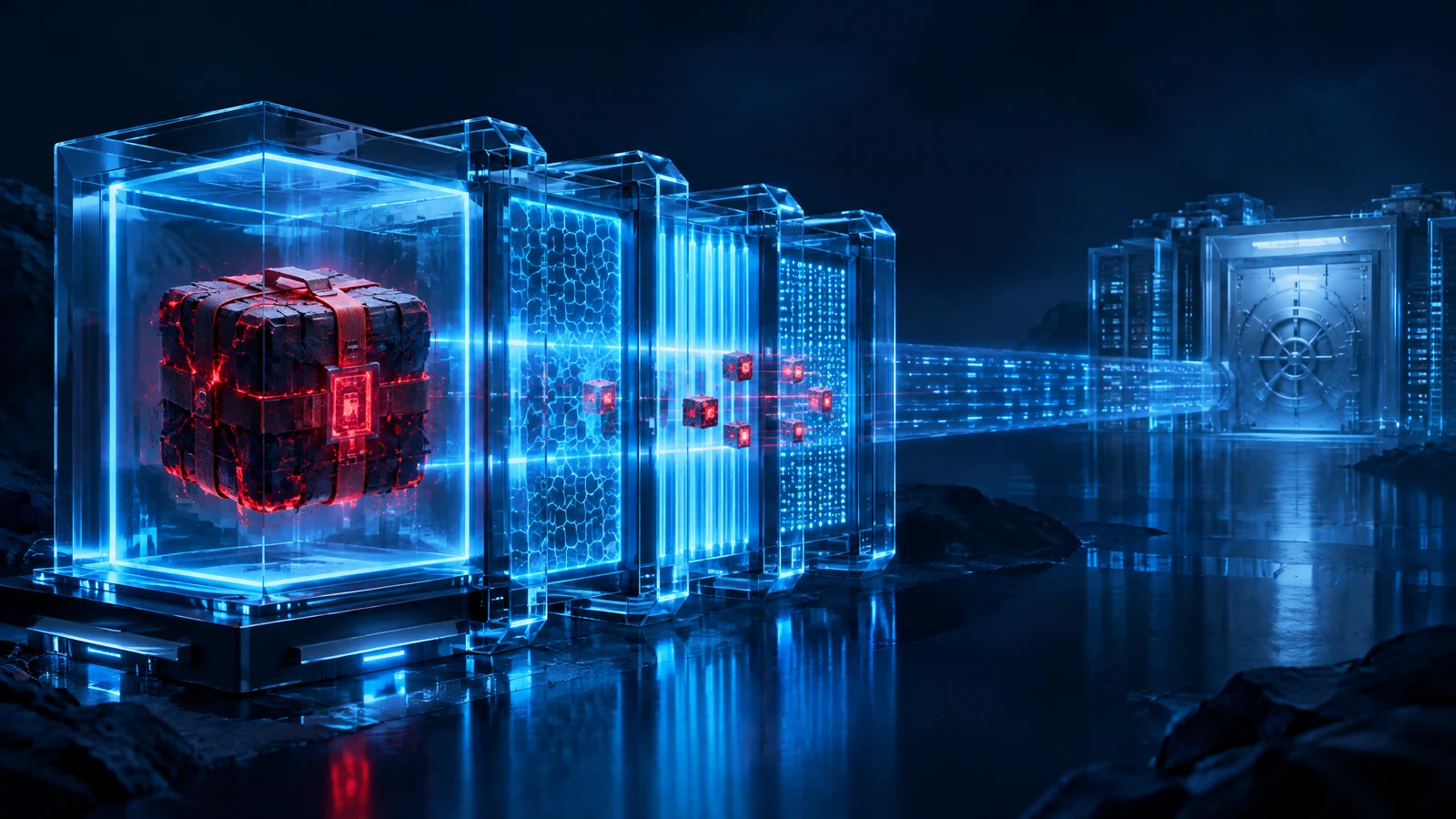 Original conceptual illustration showing qakbot banking trojan, loader and 2023 disruption without embedded text or logos