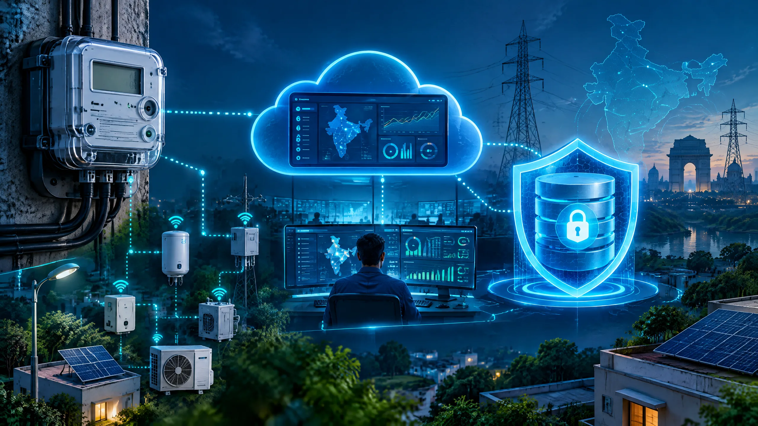 Connected utility devices and a database protected by a security shield