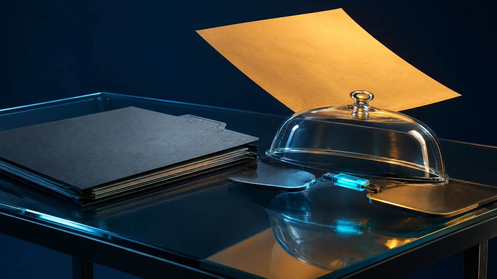 Blank encrypted-file folders and service tray with a small key and blank invoice sheet