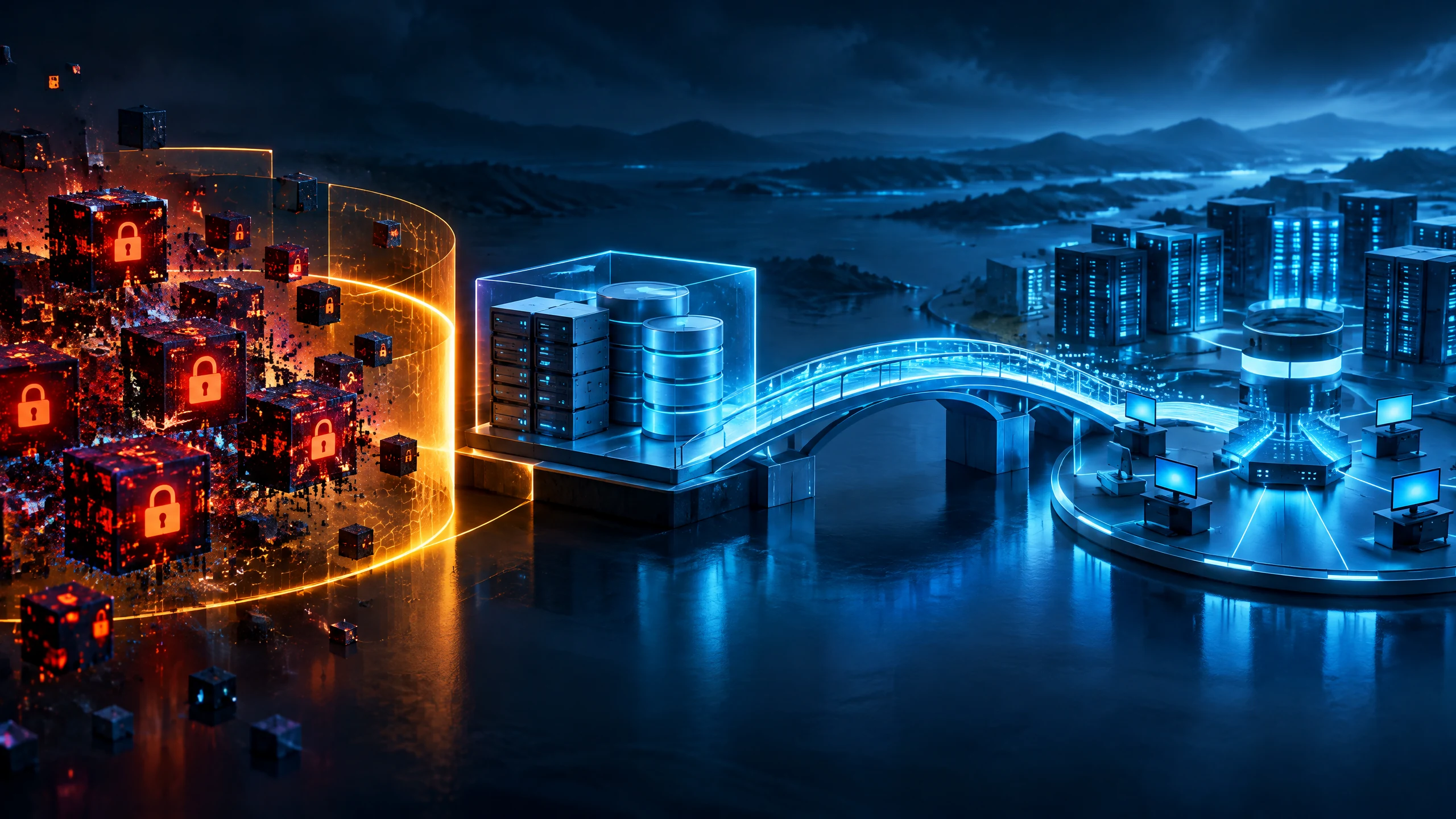 Text-free illustration of protected servers, an offline backup vault and a recovery path after a ransomware disruption.