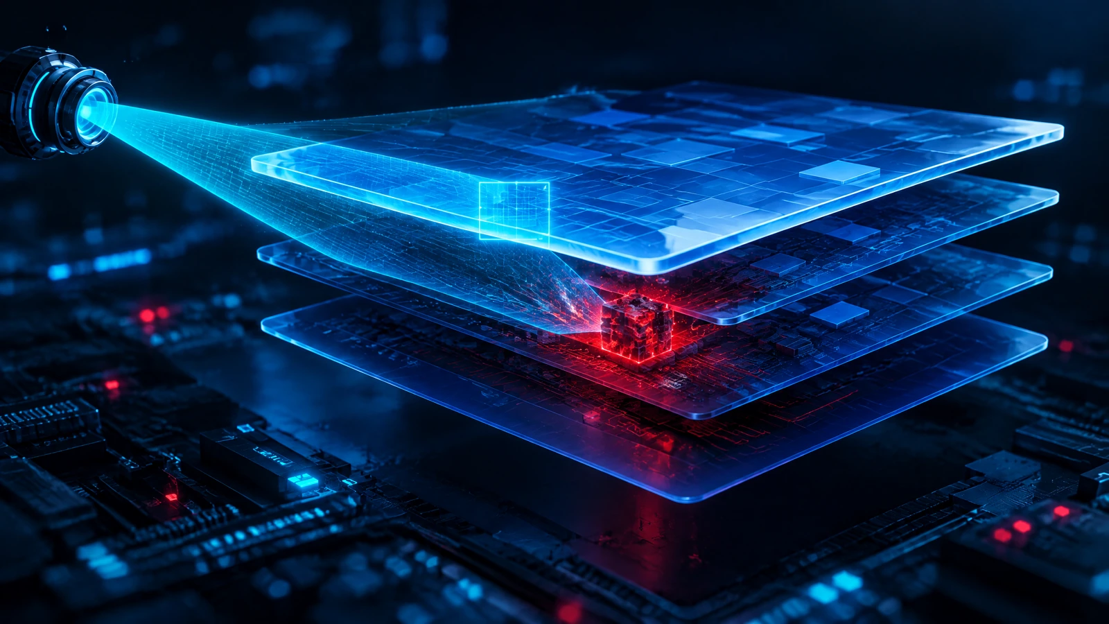 Conceptual blue system layers revealing a small hidden red component under a cyan scanning beam
