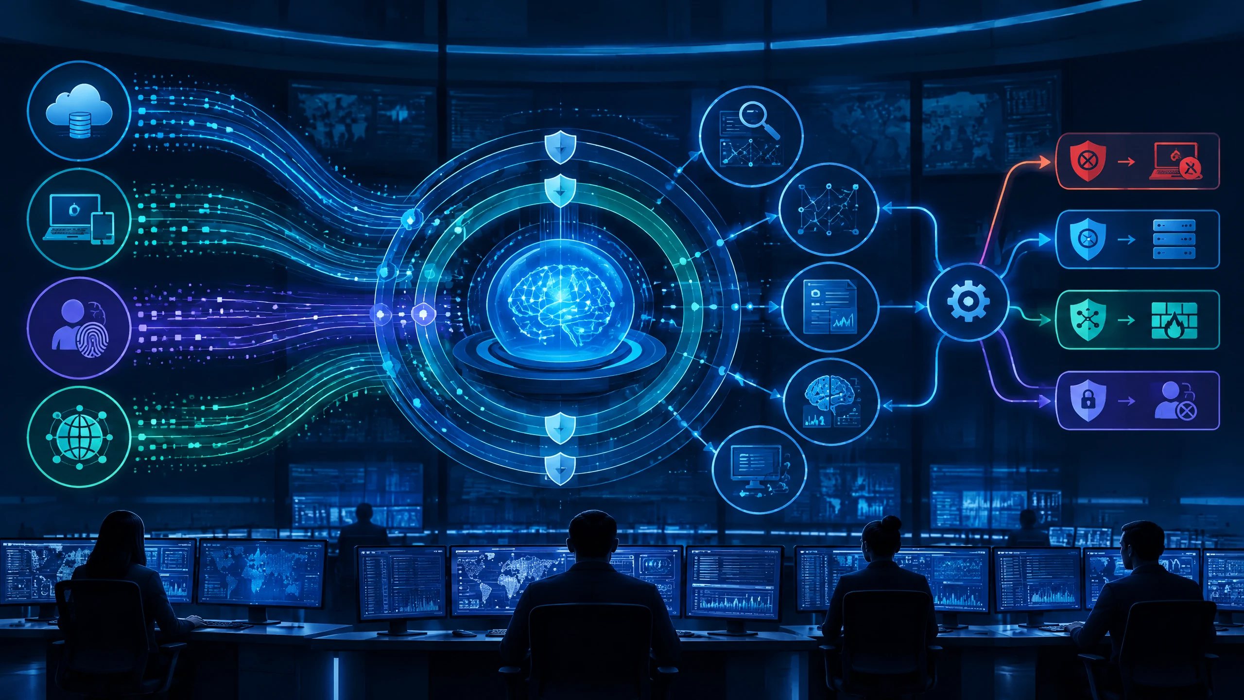 Text-free wide illustration of a calm security operations center connecting cloud, identity, endpoint, and network signals through an AI-assisted analysis layer.