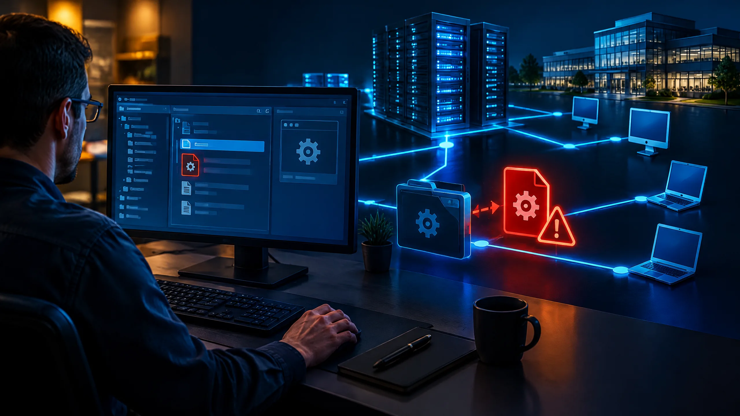 Defensive illustration of a software management workstation with a suspicious library warning