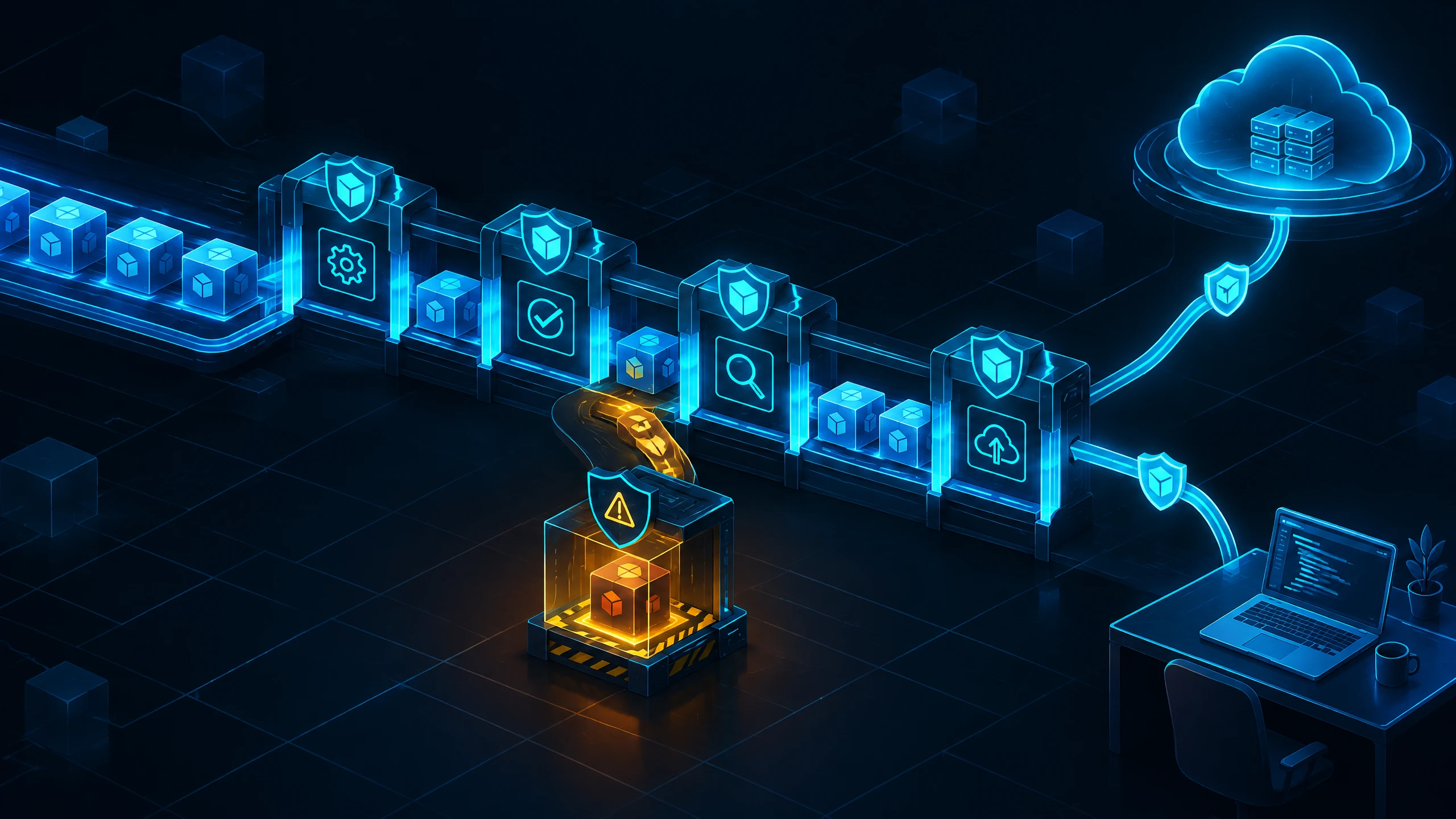 Text-free illustration of a secure software delivery pipeline with package nodes, a shield, and a separated suspicious dependency