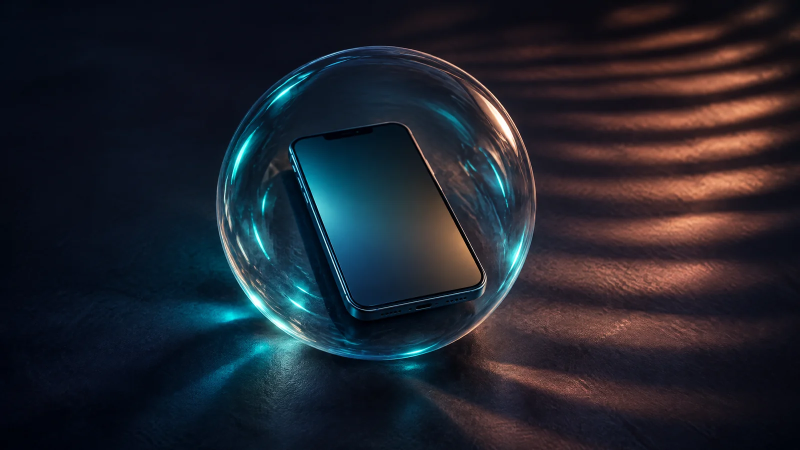 An unbranded phone within a translucent privacy boundary with distant amber signals outside