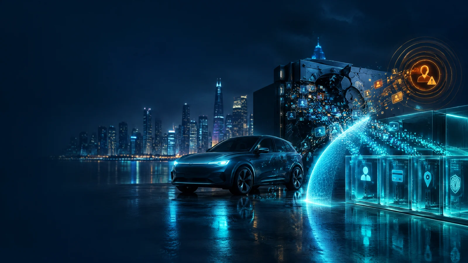 A privacy response team mapping exposed account fields, verified notifications, and impersonation-scam safeguards around a car-sharing account database.