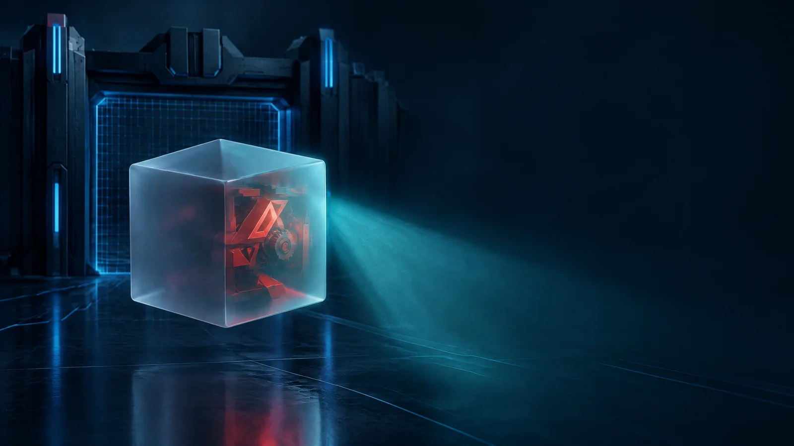 A translucent software package conceals an angular red mechanism while a defensive teal light reveals it