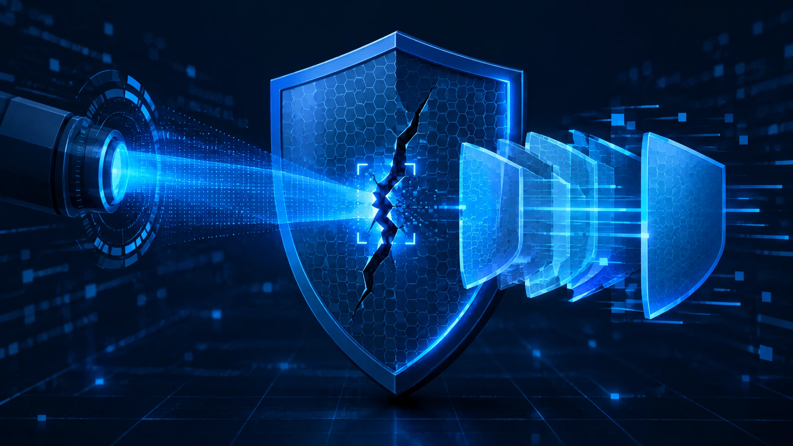 Abstract, text-free illustration of a protected network shield beside a glowing vulnerability pathway and security monitoring nodes.